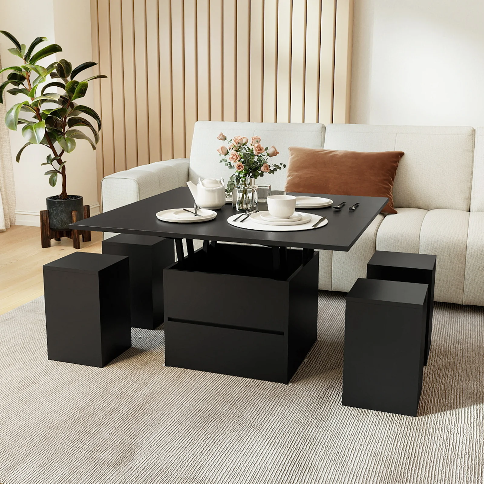 3-in-1 Expandable Lift Top Coffee Table with 4 Storage Stools and Hidden Compartment for 4-8 People, Black - Image 7