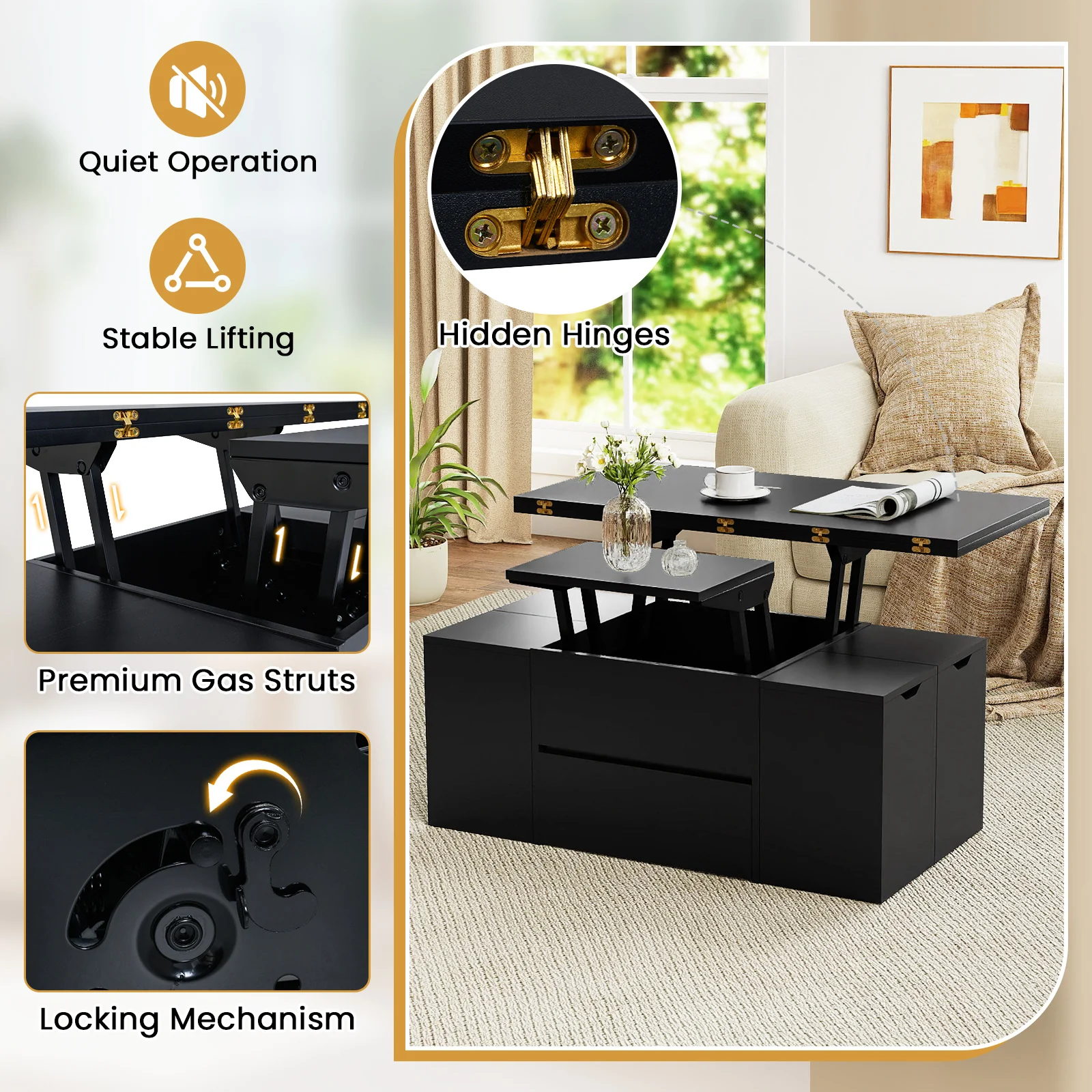 3-in-1 Expandable Lift Top Coffee Table with 4 Storage Stools and Hidden Compartment for 4-8 People, Black - Image 8