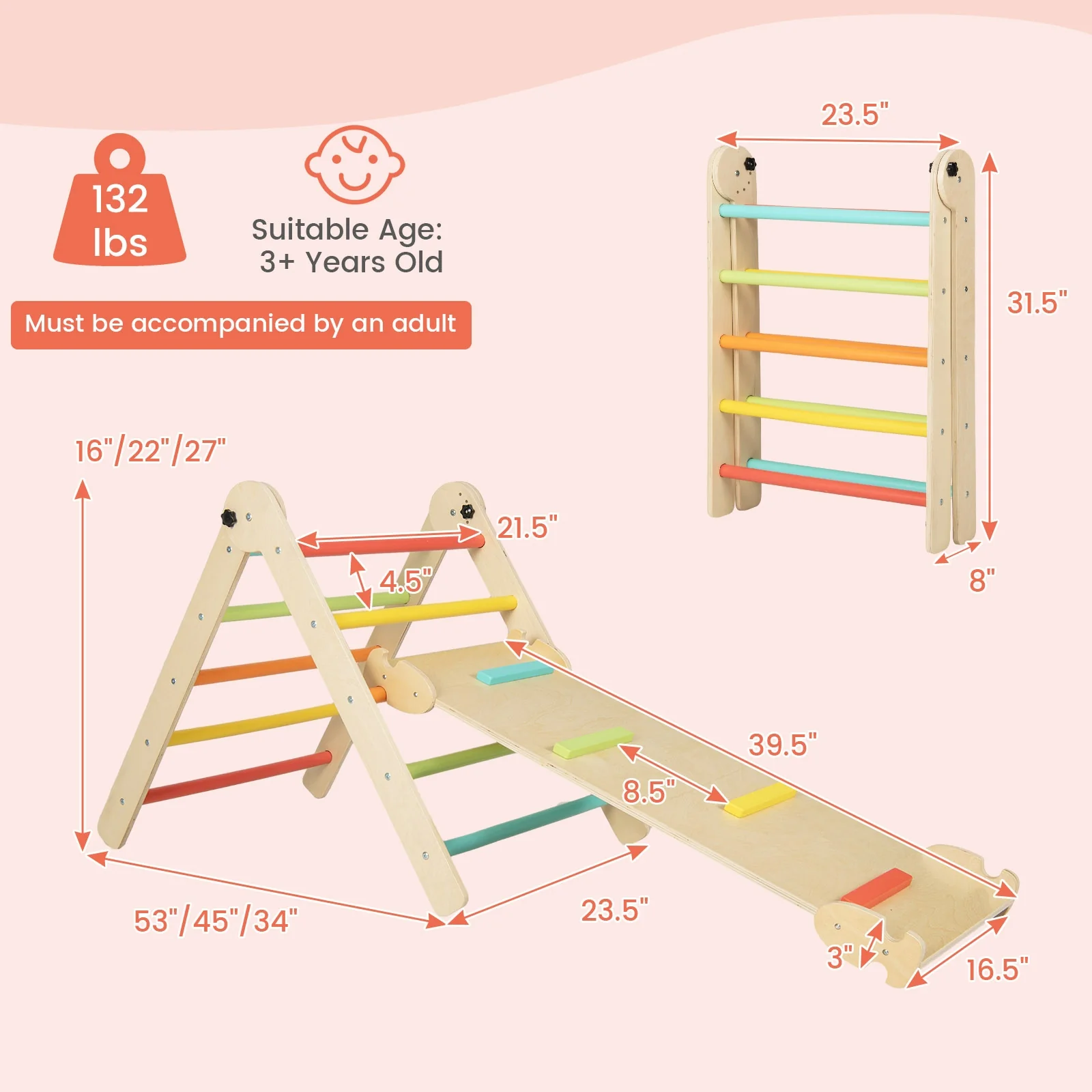 3-in-1 Foldable Adjustable Kids Triangle Climbing Set, Multicolor - Image 5