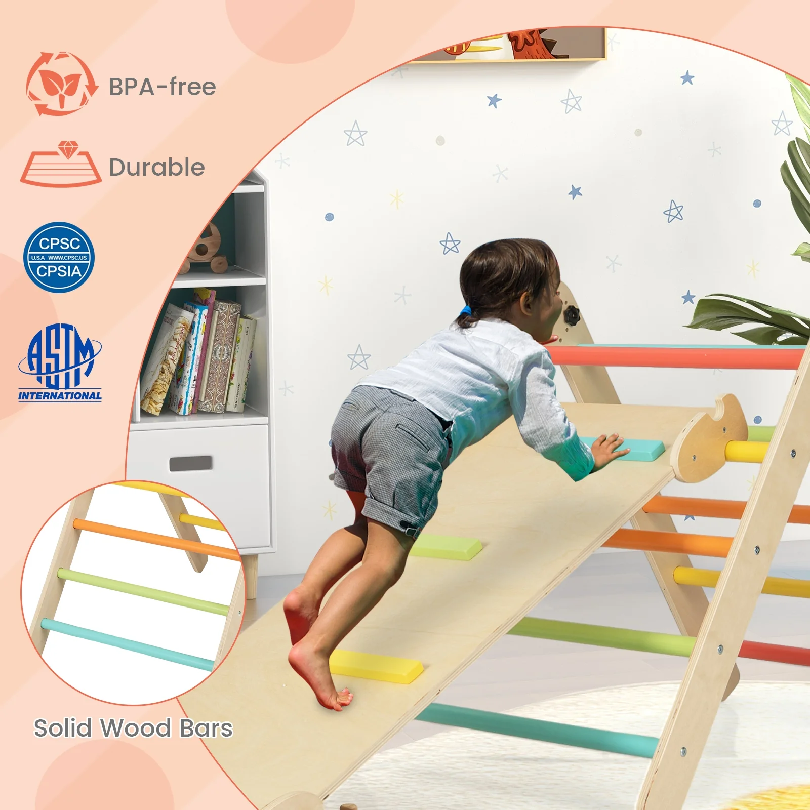 3-in-1 Foldable Adjustable Kids Triangle Climbing Set, Multicolor - Image 9