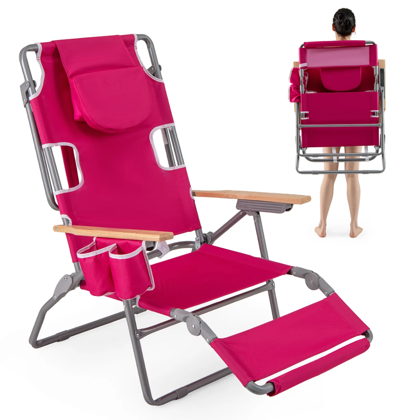 3-IN-1 Foldable Beach Chair with Footrest and Adjustable Backrest, Peach