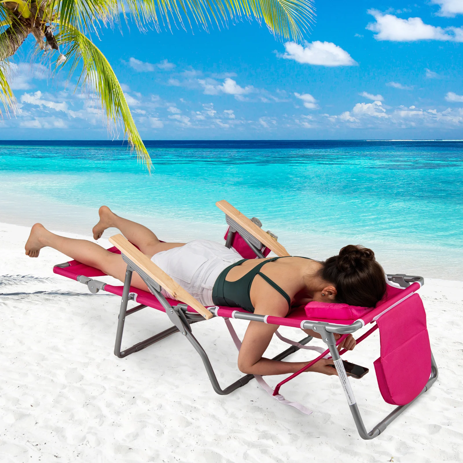 3-IN-1 Foldable Beach Chair with Footrest and Adjustable Backrest, Peach - Image 2