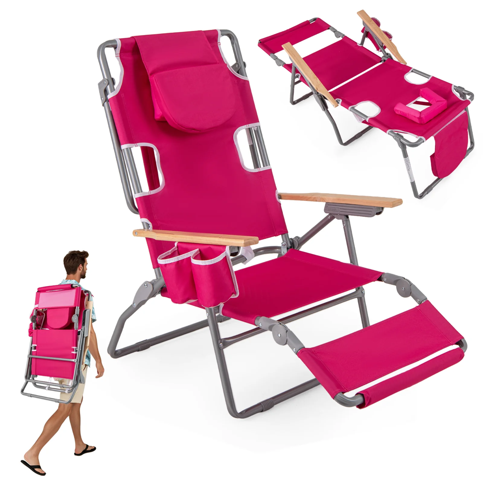 3-IN-1 Foldable Beach Chair with Footrest and Adjustable Backrest, Peach - Image 5