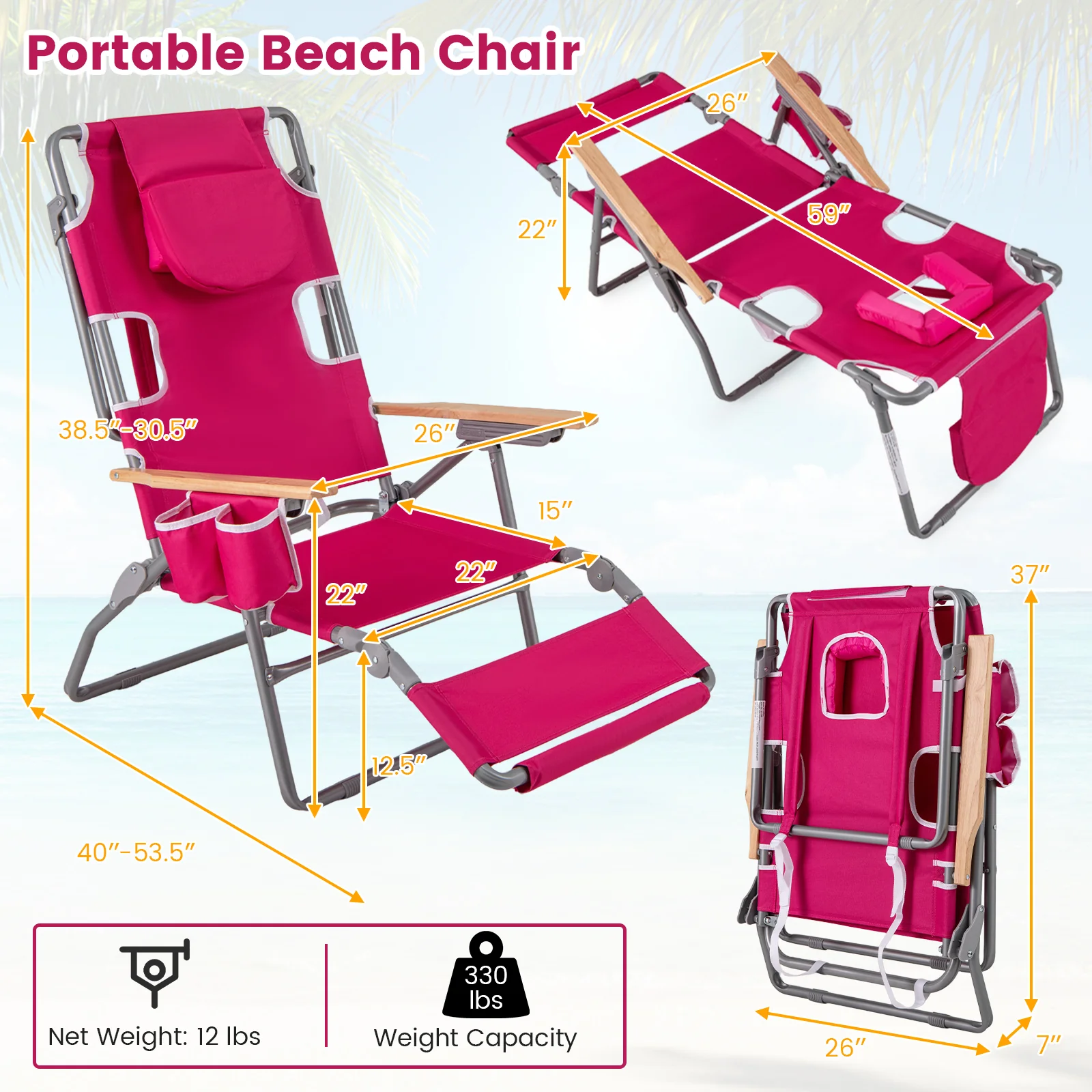 3-IN-1 Foldable Beach Chair with Footrest and Adjustable Backrest, Peach - Image 6