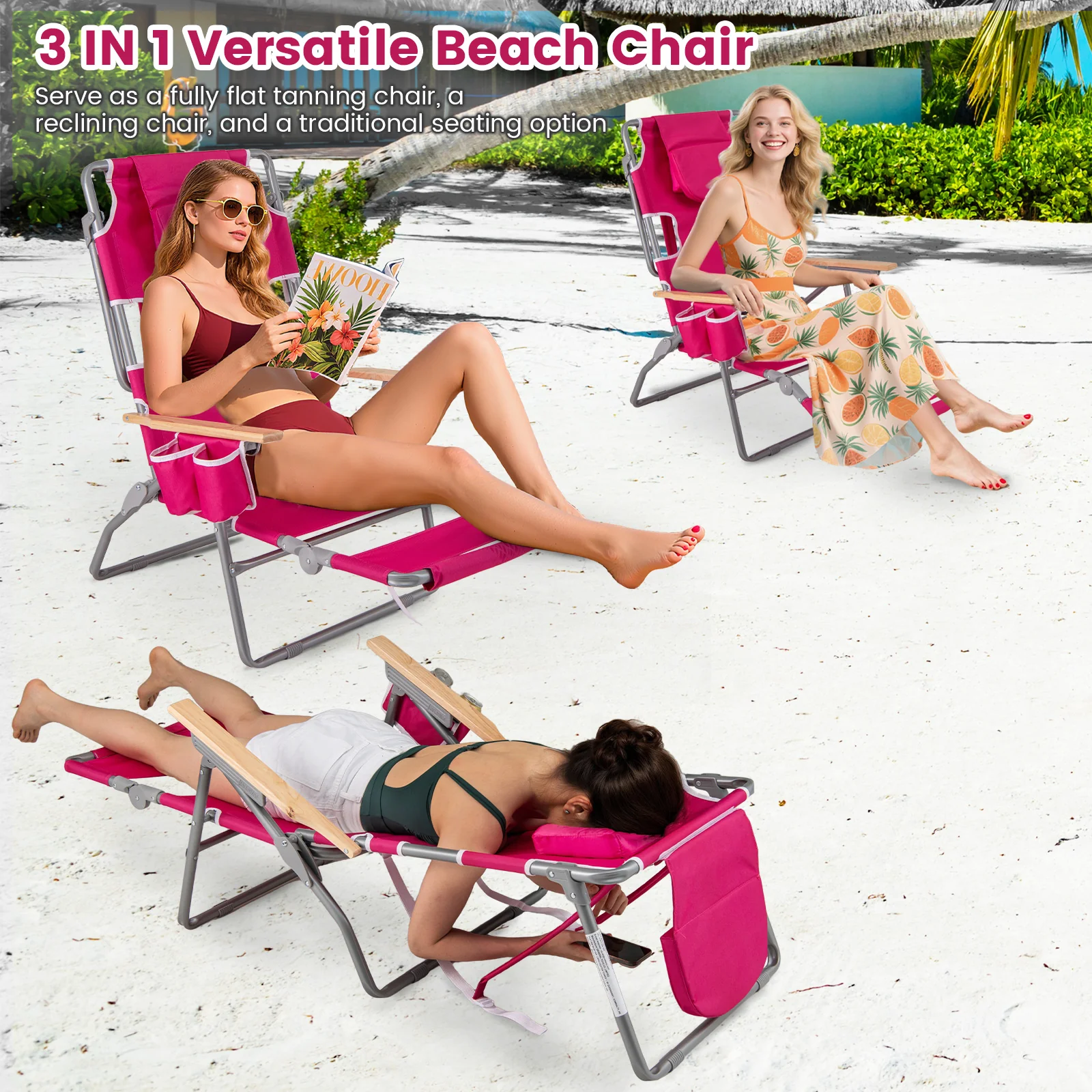 3-IN-1 Foldable Beach Chair with Footrest and Adjustable Backrest, Peach - Image 7