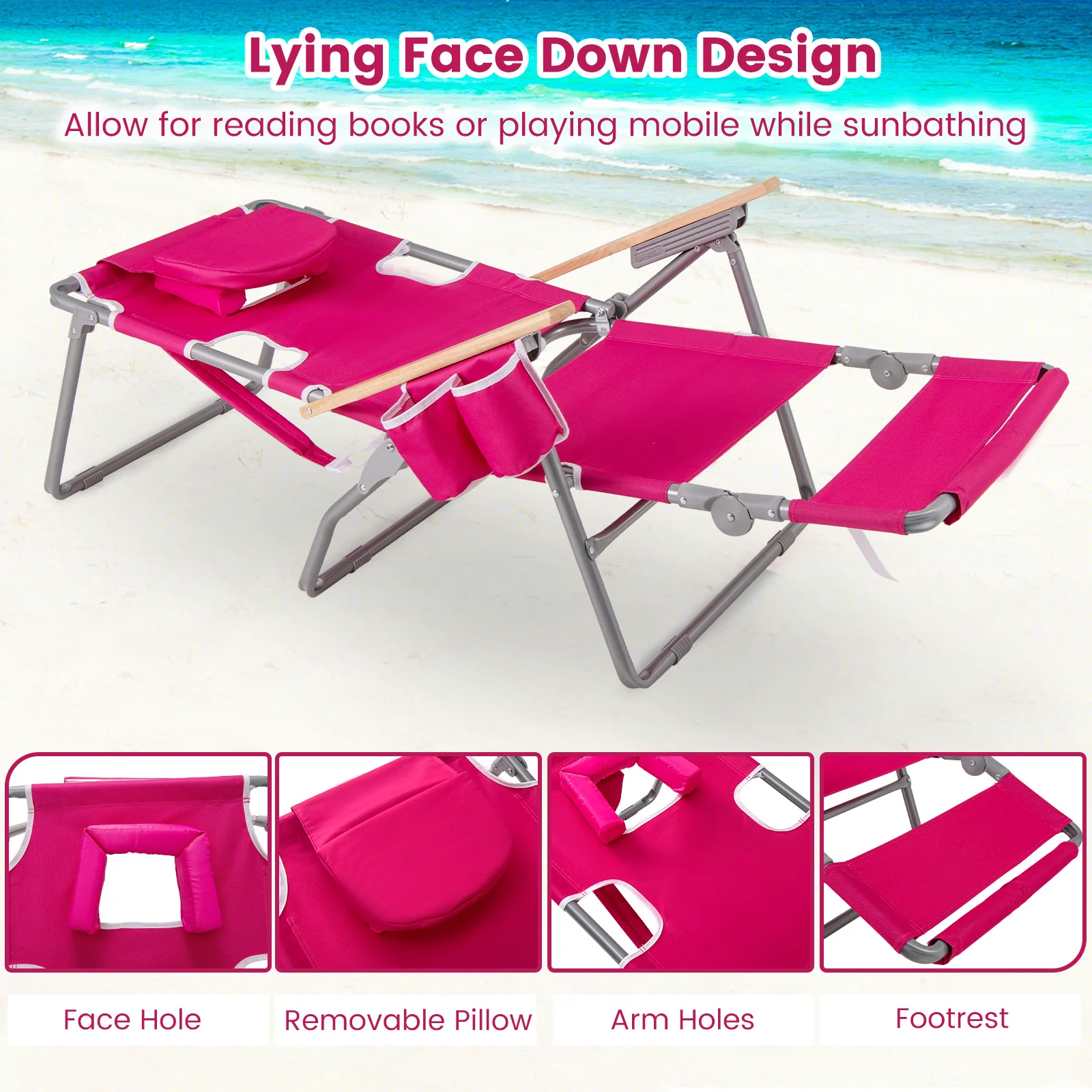 3-IN-1 Foldable Beach Chair with Footrest and Adjustable Backrest, Peach - Image 8