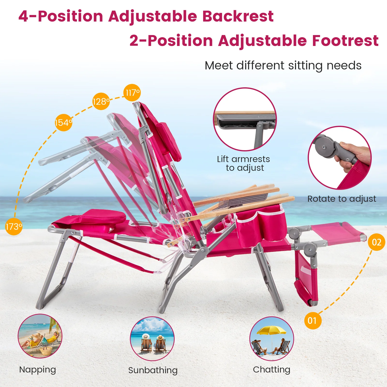 3-IN-1 Foldable Beach Chair with Footrest and Adjustable Backrest, Peach - Image 9