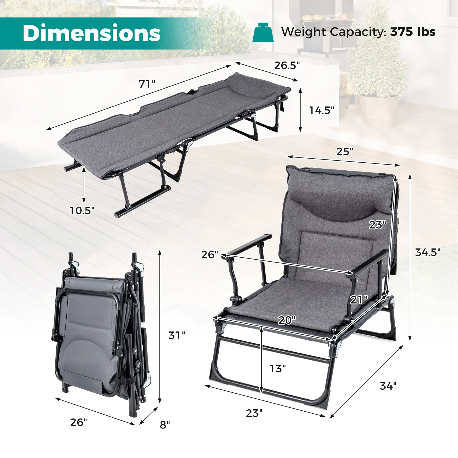 3 In 1 Folding Camping Cot, Comfy Padded Convertible Sofa Chair, Gray - Image 5