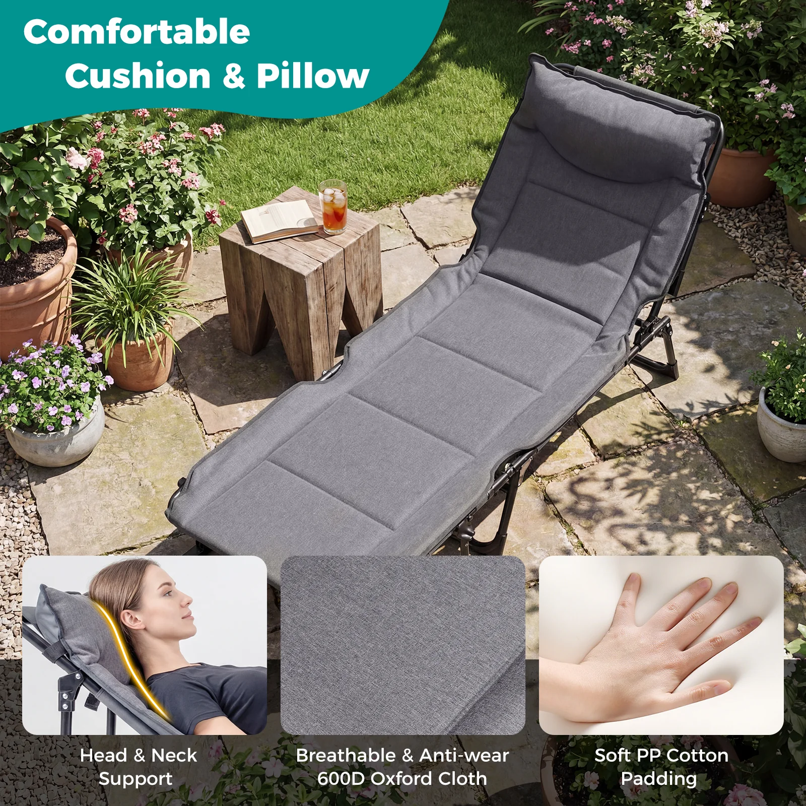 3 In 1 Folding Camping Cot, Comfy Padded Convertible Sofa Chair, Gray - Image 7