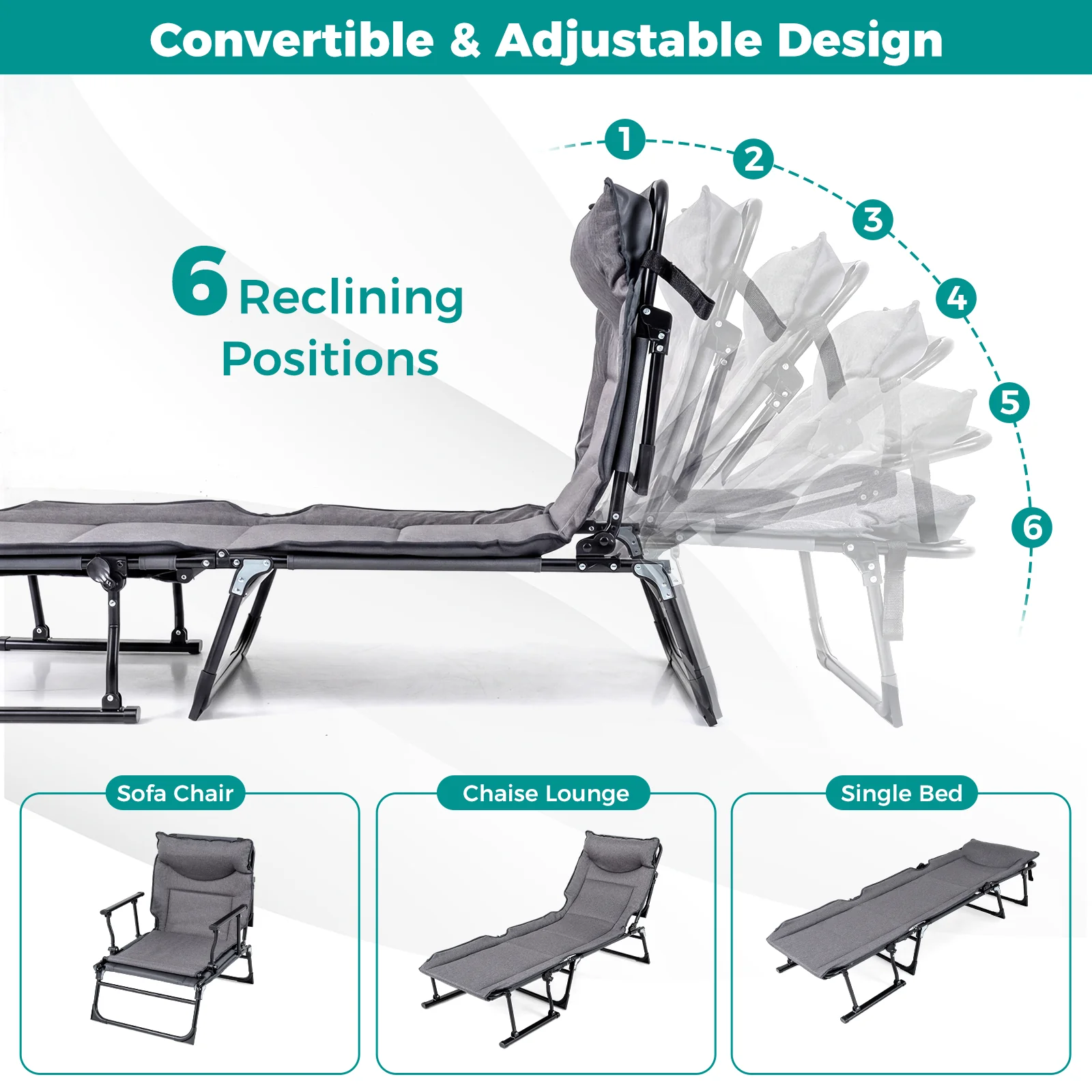 3 In 1 Folding Camping Cot, Comfy Padded Convertible Sofa Chair, Gray - Image 8