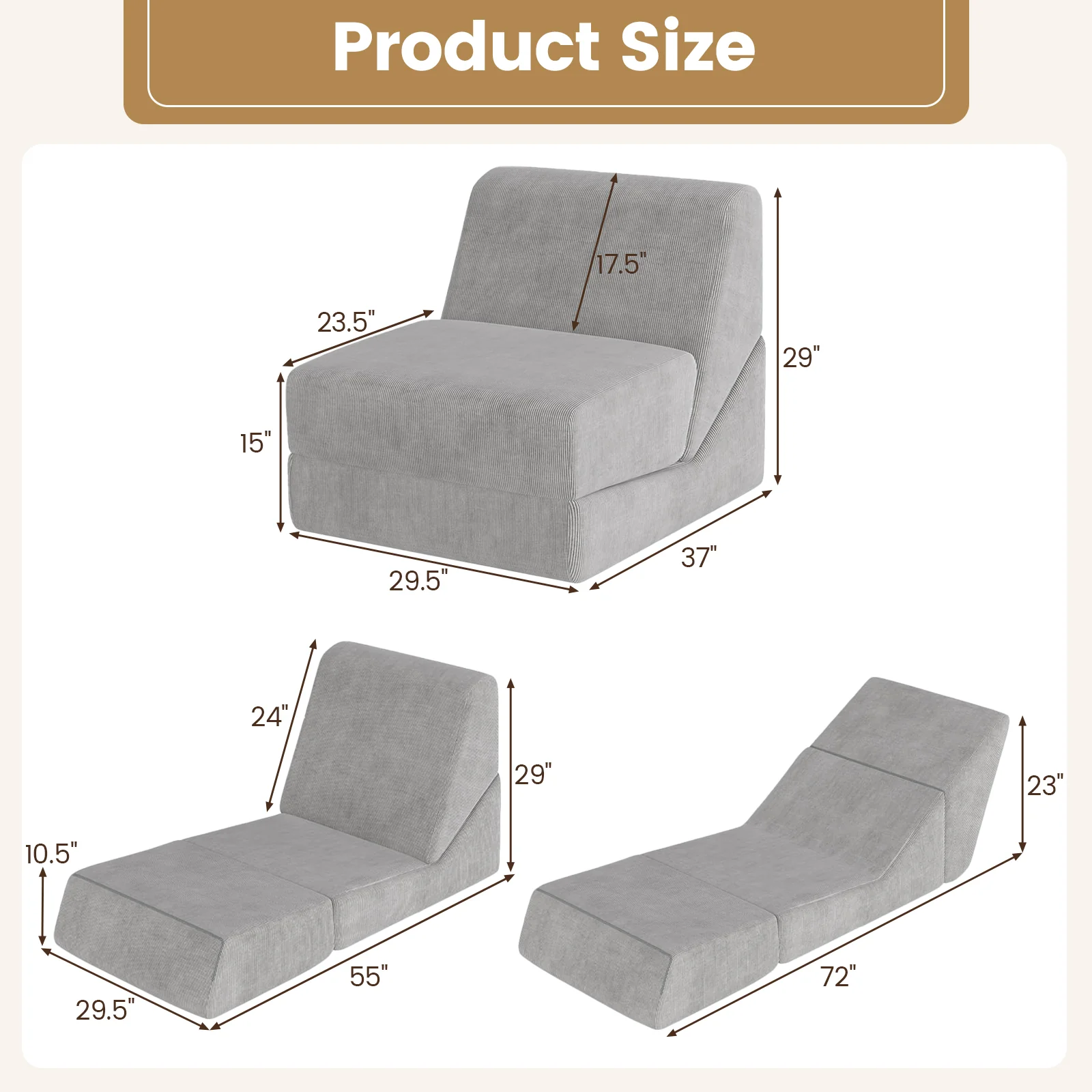 3-in-1 Folding Sofa Bed, Washable Zippered Cover, Gray - Image 6