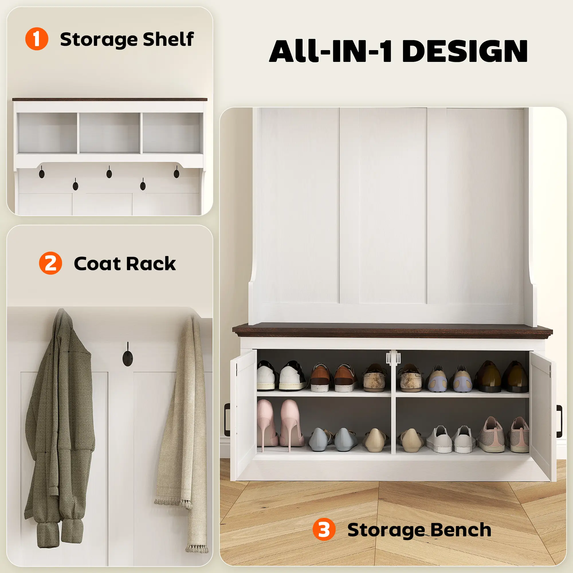 3-in-1 Hall Tree, Bench, Coat Rack with Shoe Storage, White Wood Grain, White - Image 4