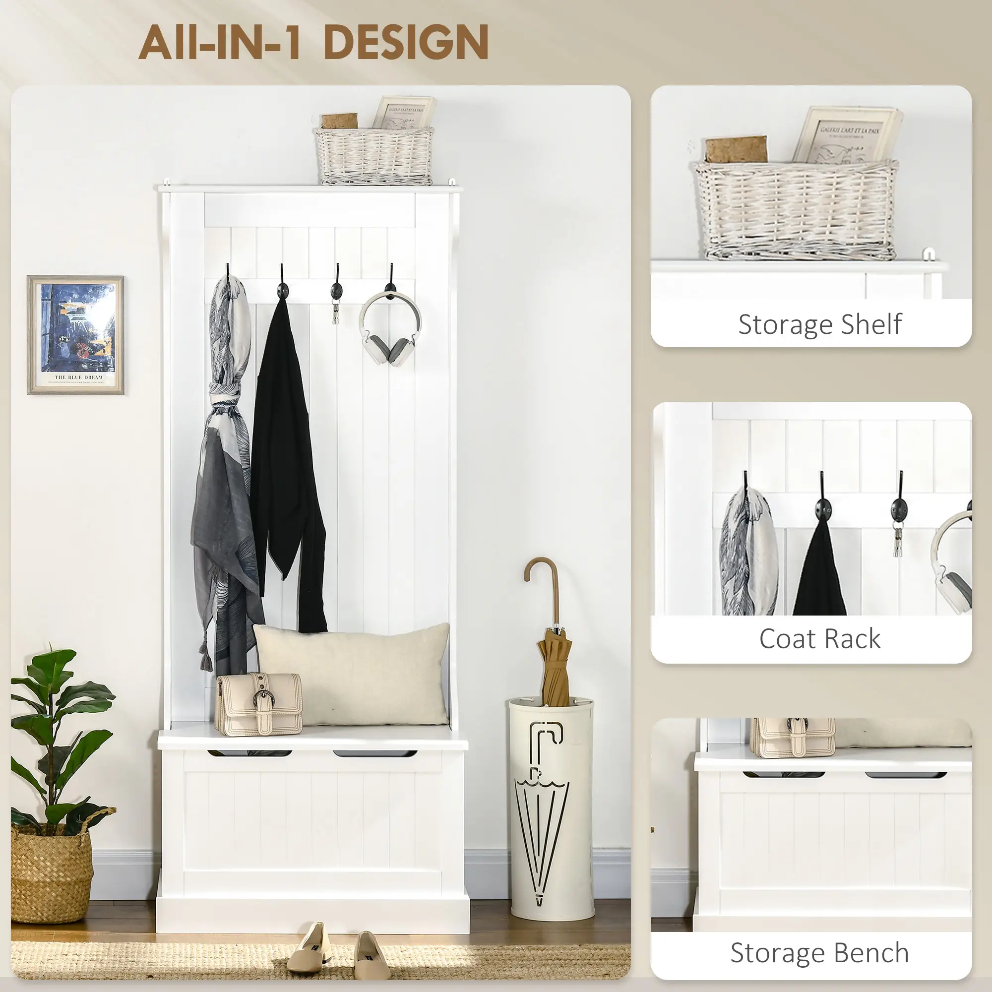3-In-1 Hall Tree, Coat Rack, Shoe Storage, Bench Seat, Entryway Bench, 4 Hooks - Image 4