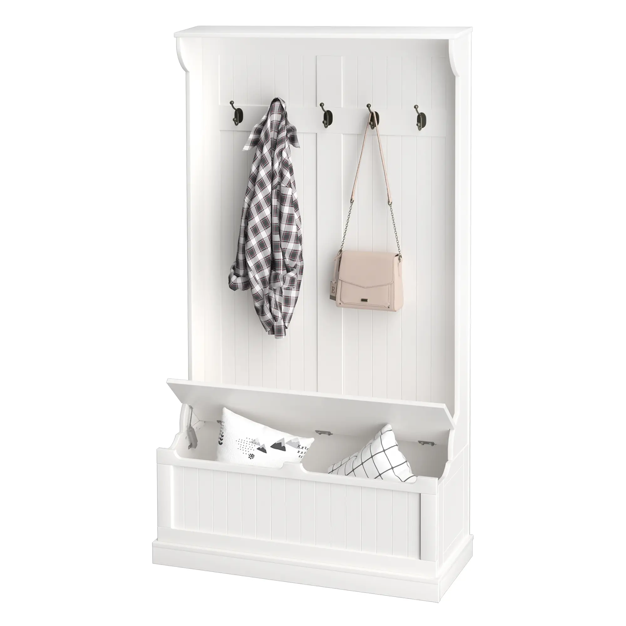 3-In-1 Hall Tree, Coat Rack, Shoe Storage, Bench Seat, White