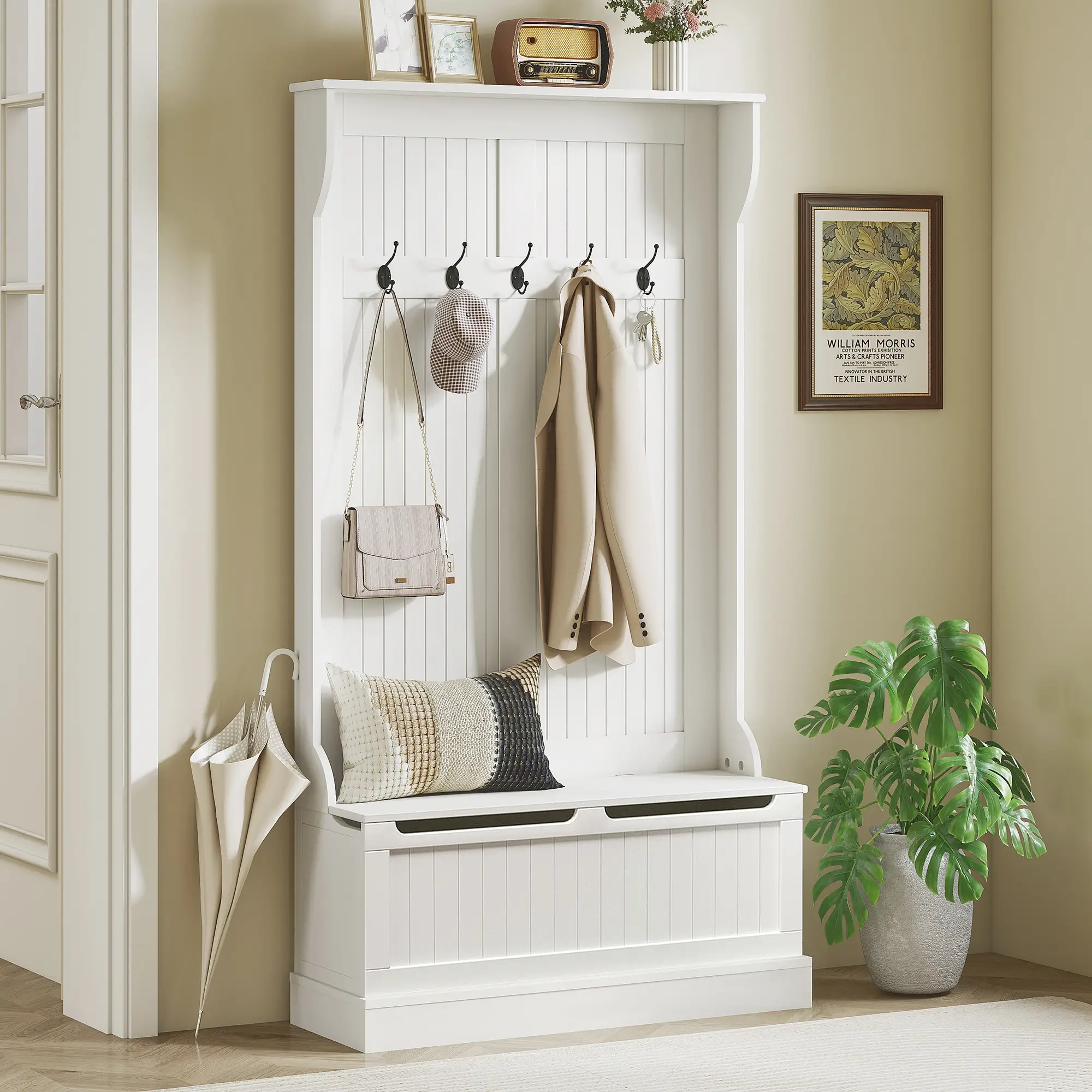 3-In-1 Hall Tree, Coat Rack, Shoe Storage, Bench Seat, White - Image 2