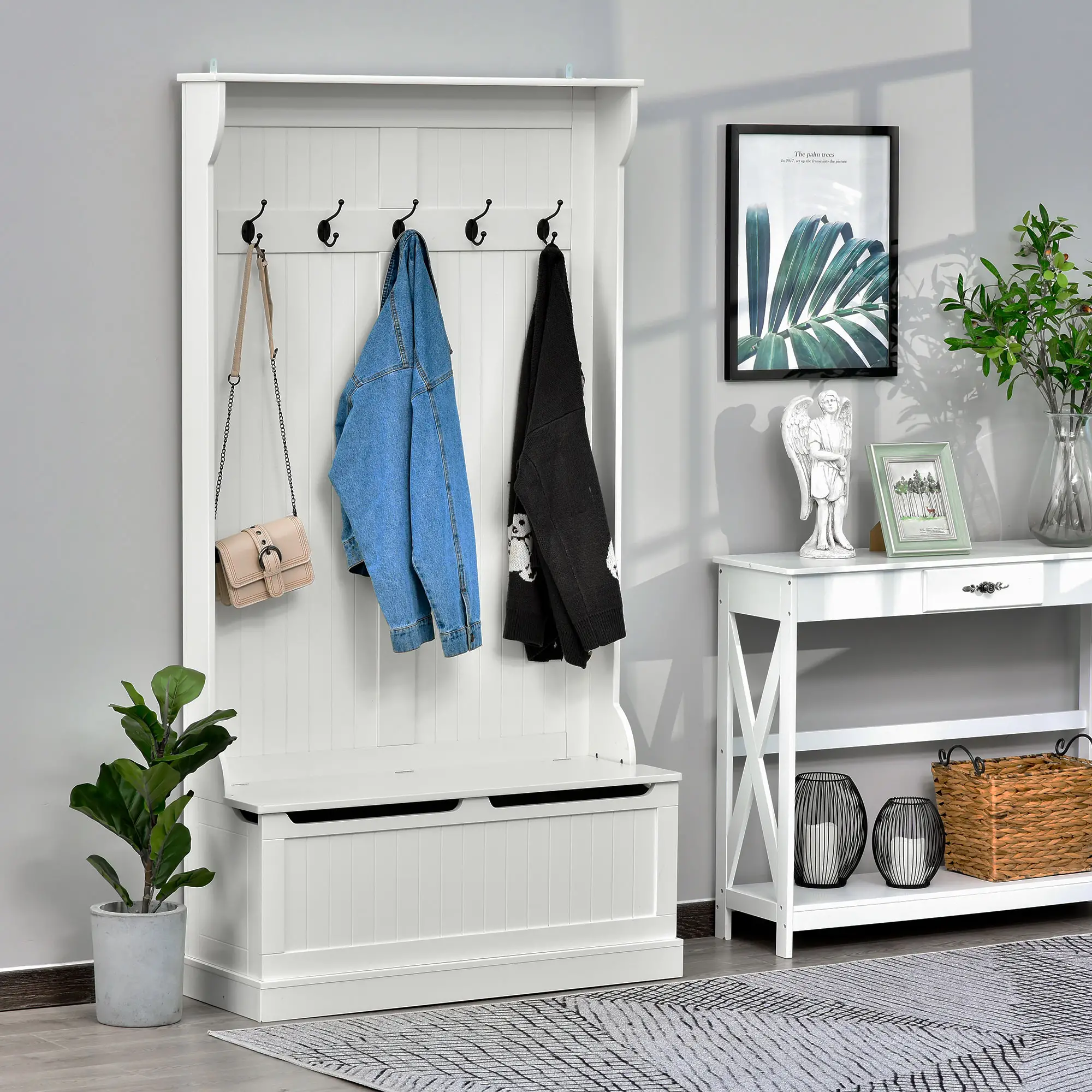 3-In-1 Hall Tree, Coat Rack, Shoe Storage, Bench Seat, White - Image 8