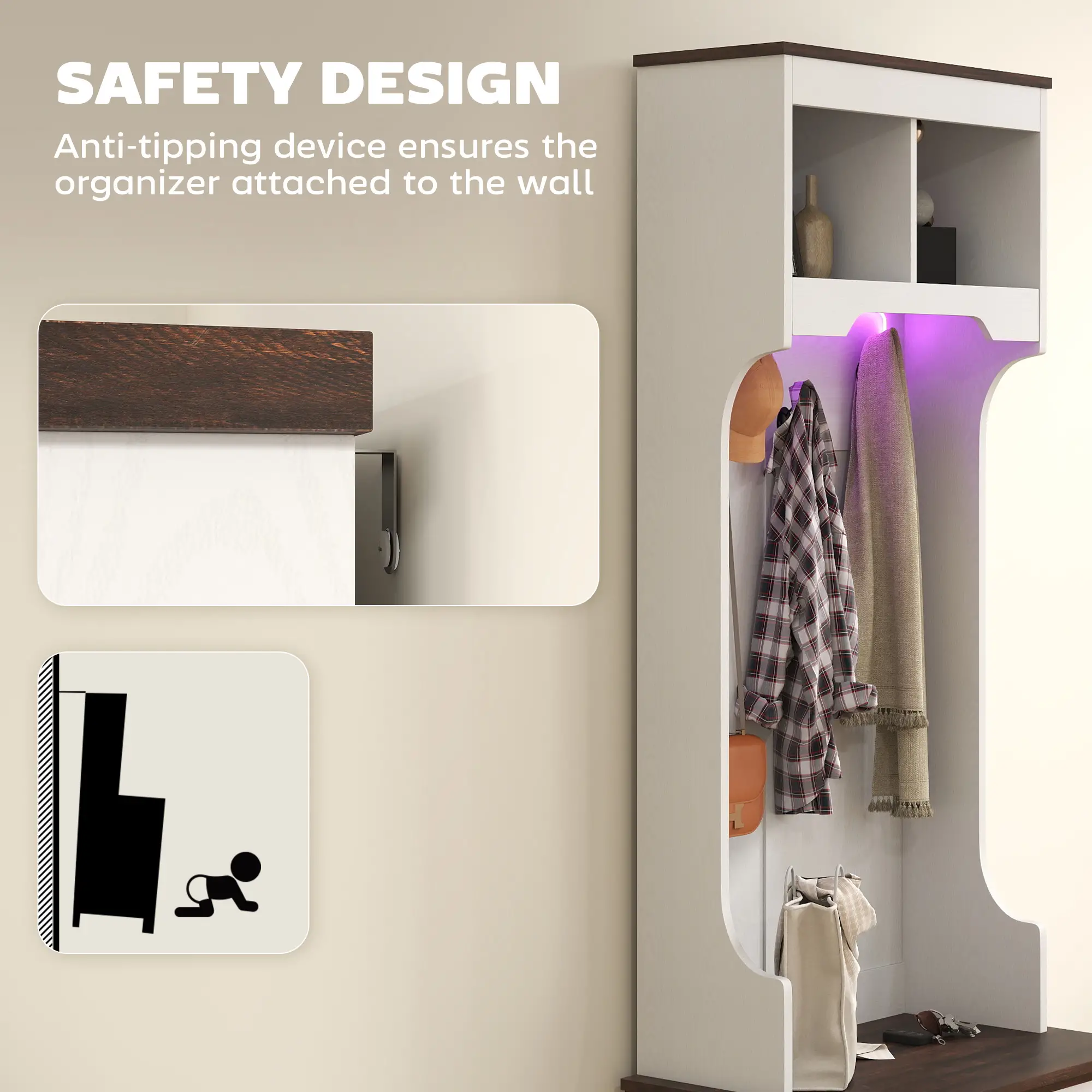 3-in-1 Hall Tree, LED Lights, Bench, Coat Rack, Shoe Storage, White Wood Grain, White - Image 10