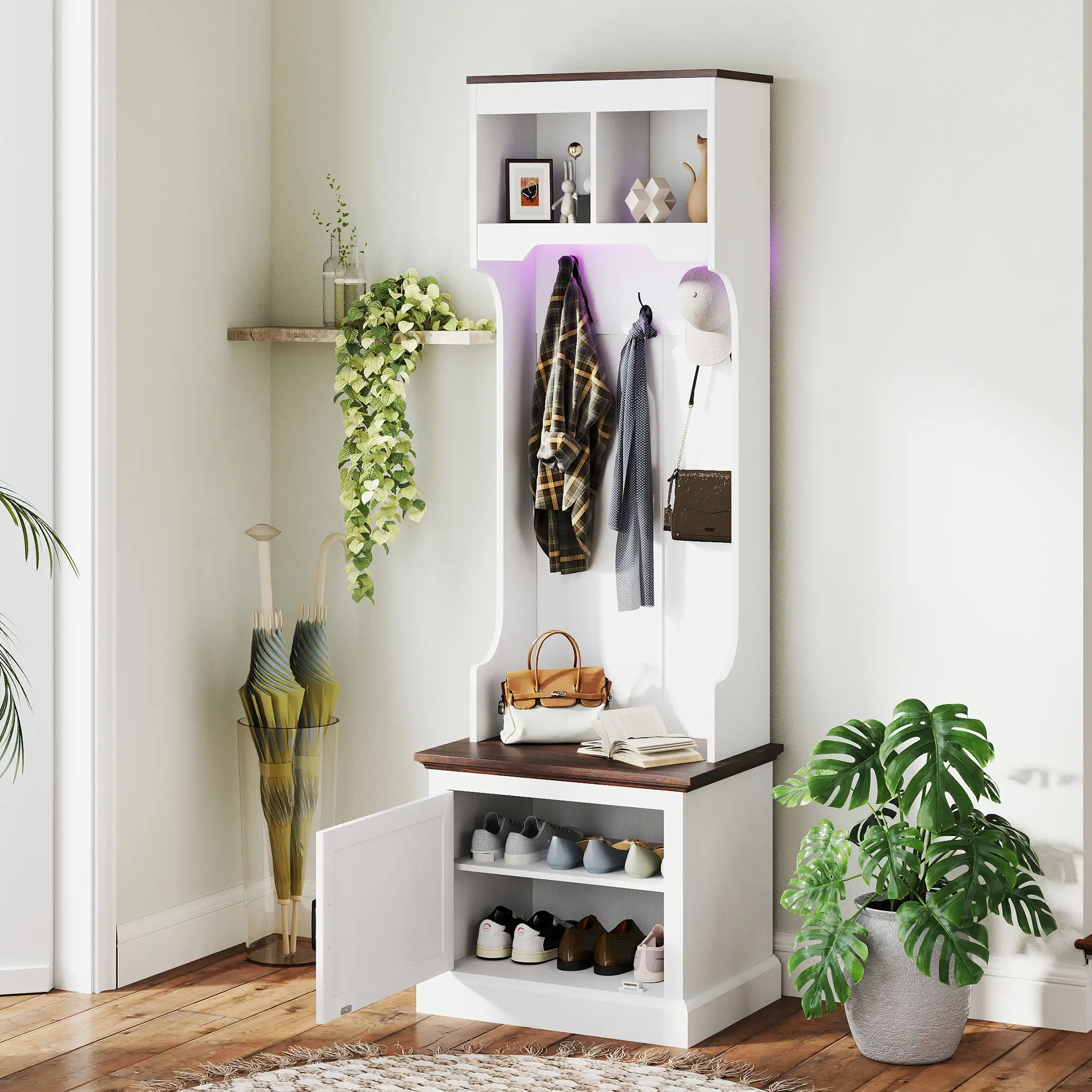 3-in-1 Hall Tree, LED Lights, Bench, Coat Rack, Shoe Storage, White Wood Grain, White - Image 2