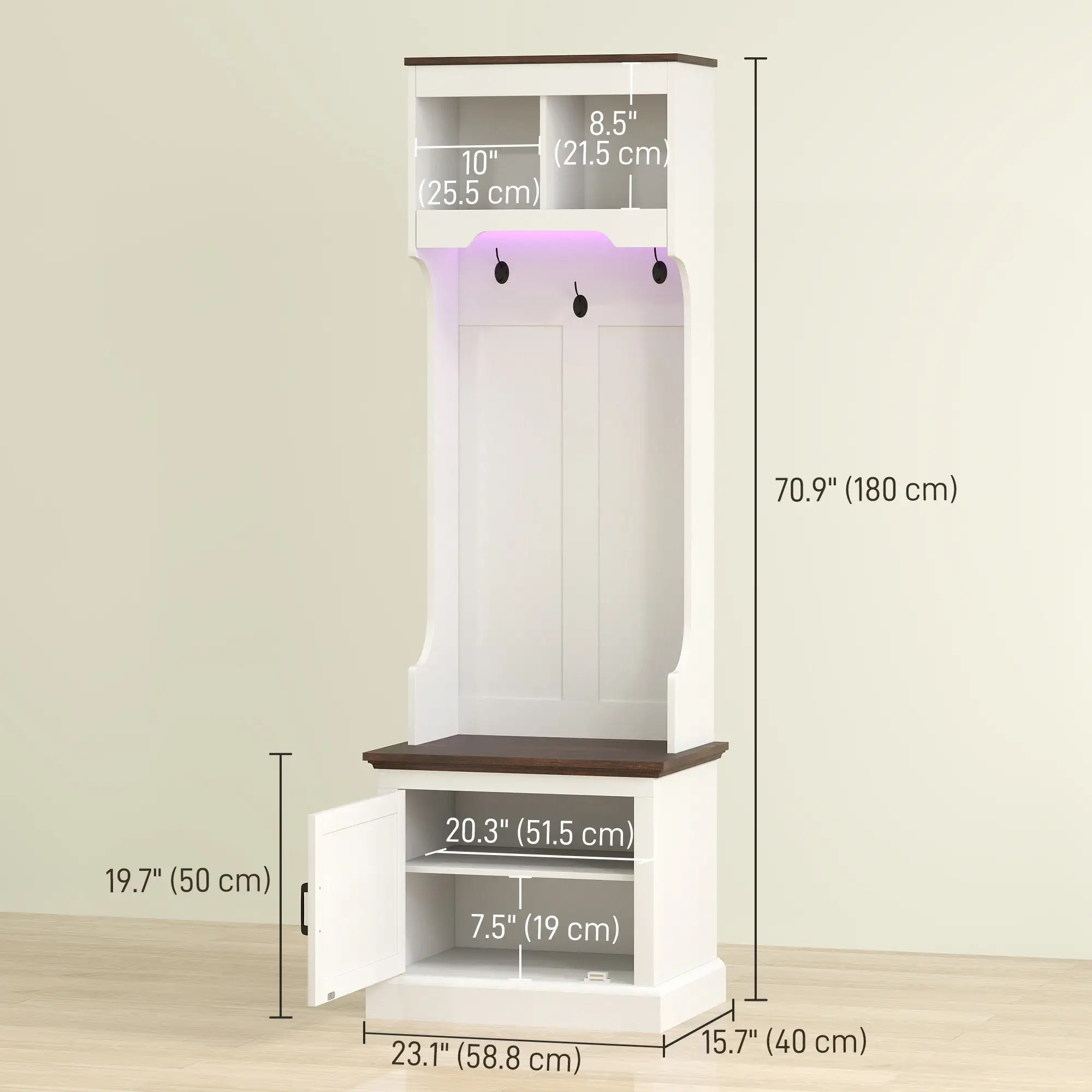3-in-1 Hall Tree, LED Lights, Bench, Coat Rack, Shoe Storage, White Wood Grain, White - Image 3