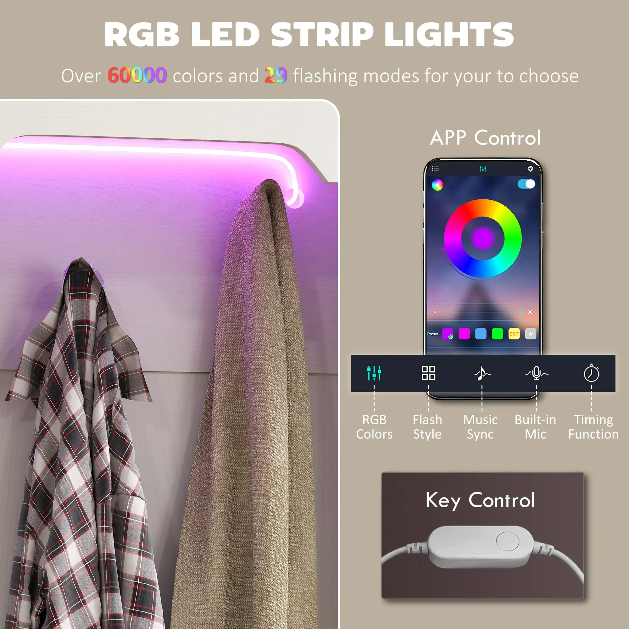 3-in-1 Hall Tree, LED Lights, Bench, Coat Rack, Shoe Storage, White Wood Grain, White - Image 4