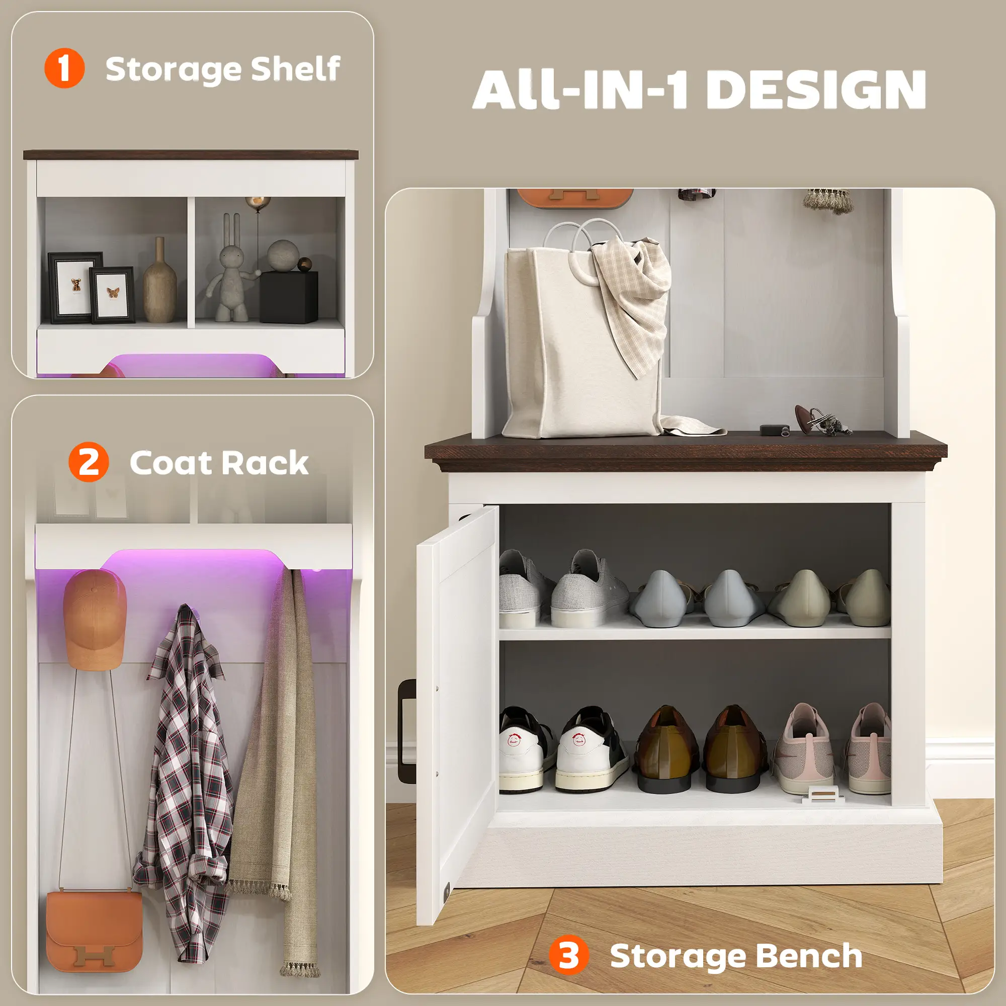 3-in-1 Hall Tree, LED Lights, Bench, Coat Rack, Shoe Storage, White Wood Grain, White - Image 5