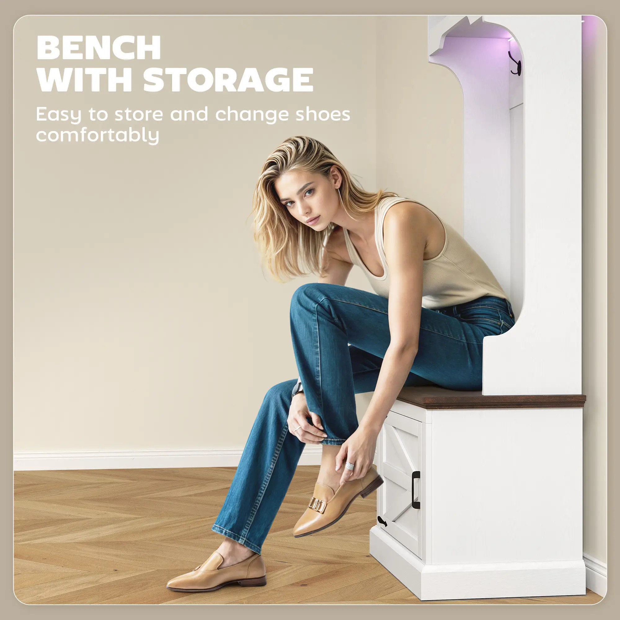 3-in-1 Hall Tree, LED Lights, Bench, Coat Rack, Shoe Storage, White Wood Grain, White - Image 7