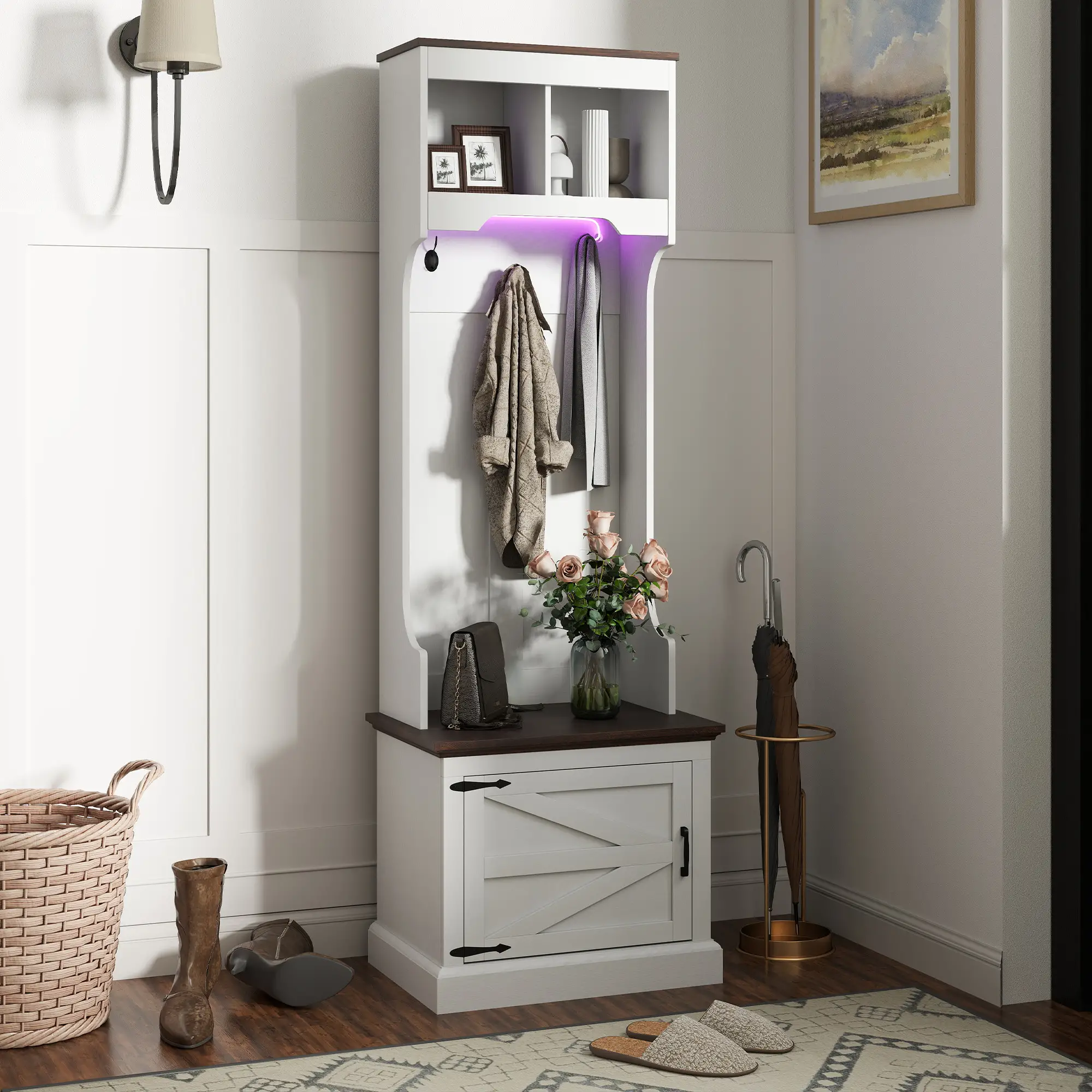 3-in-1 Hall Tree, LED Lights, Bench, Coat Rack, Shoe Storage, White Wood Grain, White - Image 8