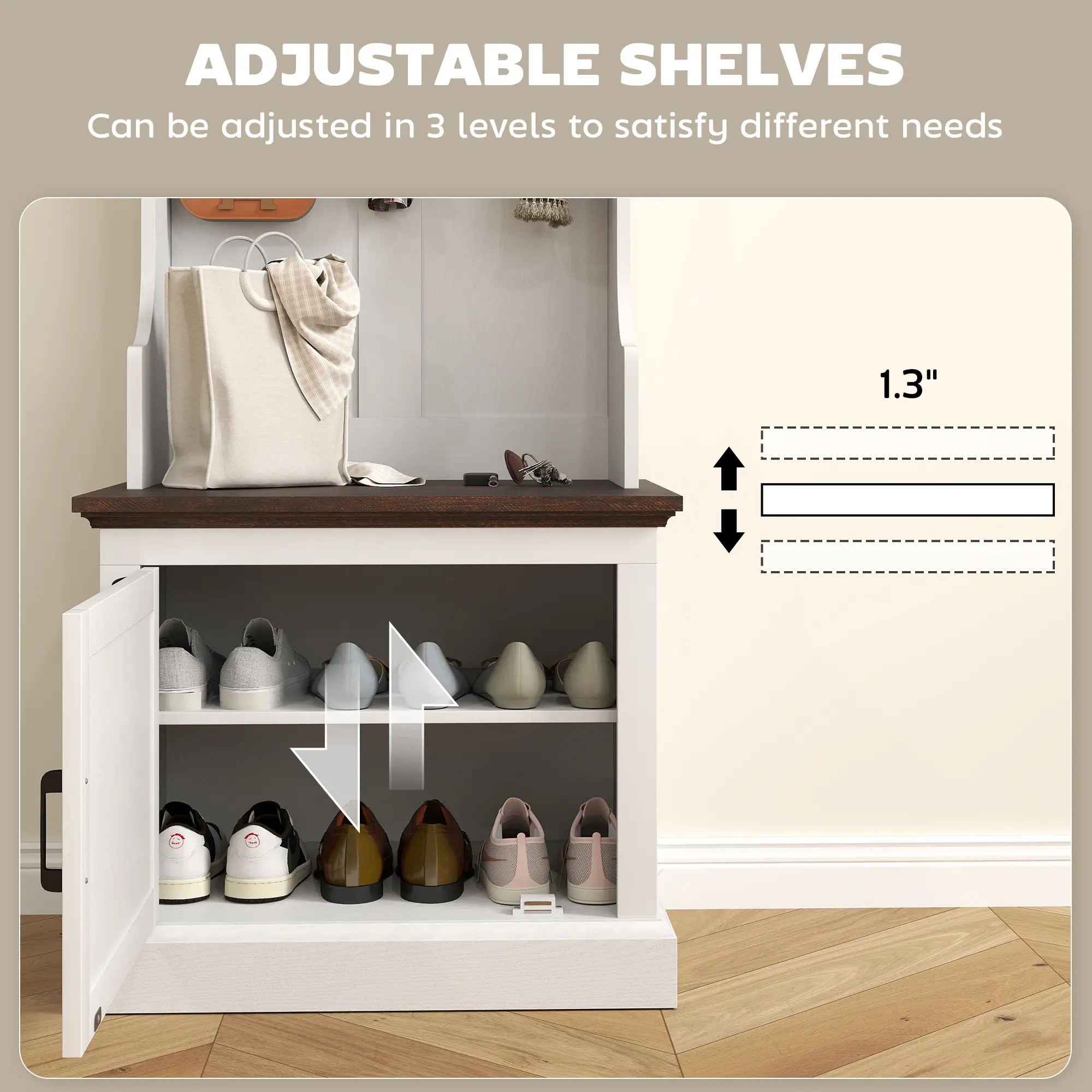 3-in-1 Hall Tree, LED Lights, Bench, Coat Rack, Shoe Storage, White Wood Grain, White - Image 9