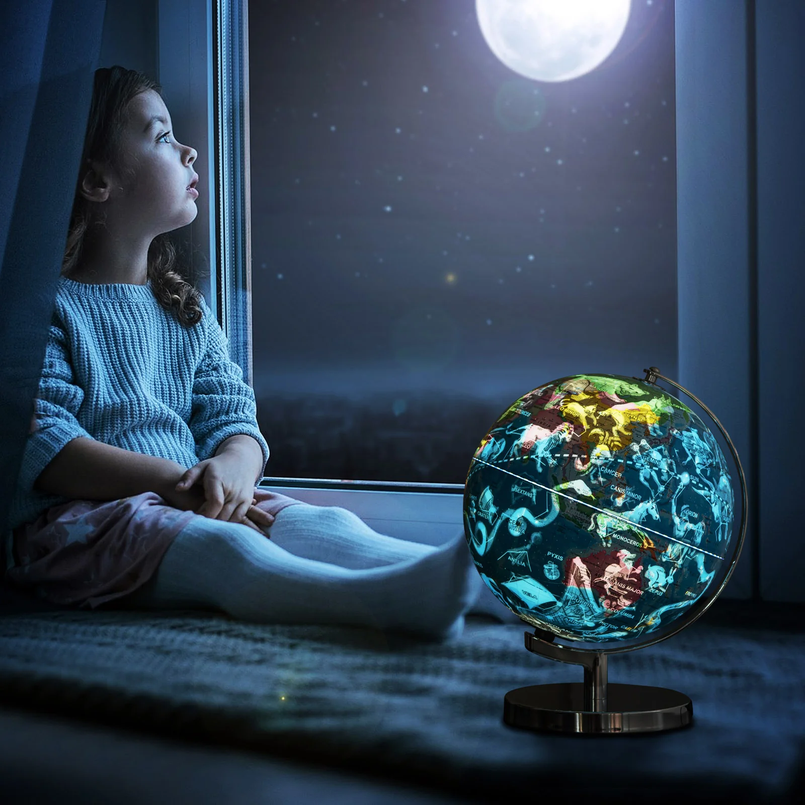 3-in-1 Illuminated World Globe, 88 Constellations, Blue - Image 3