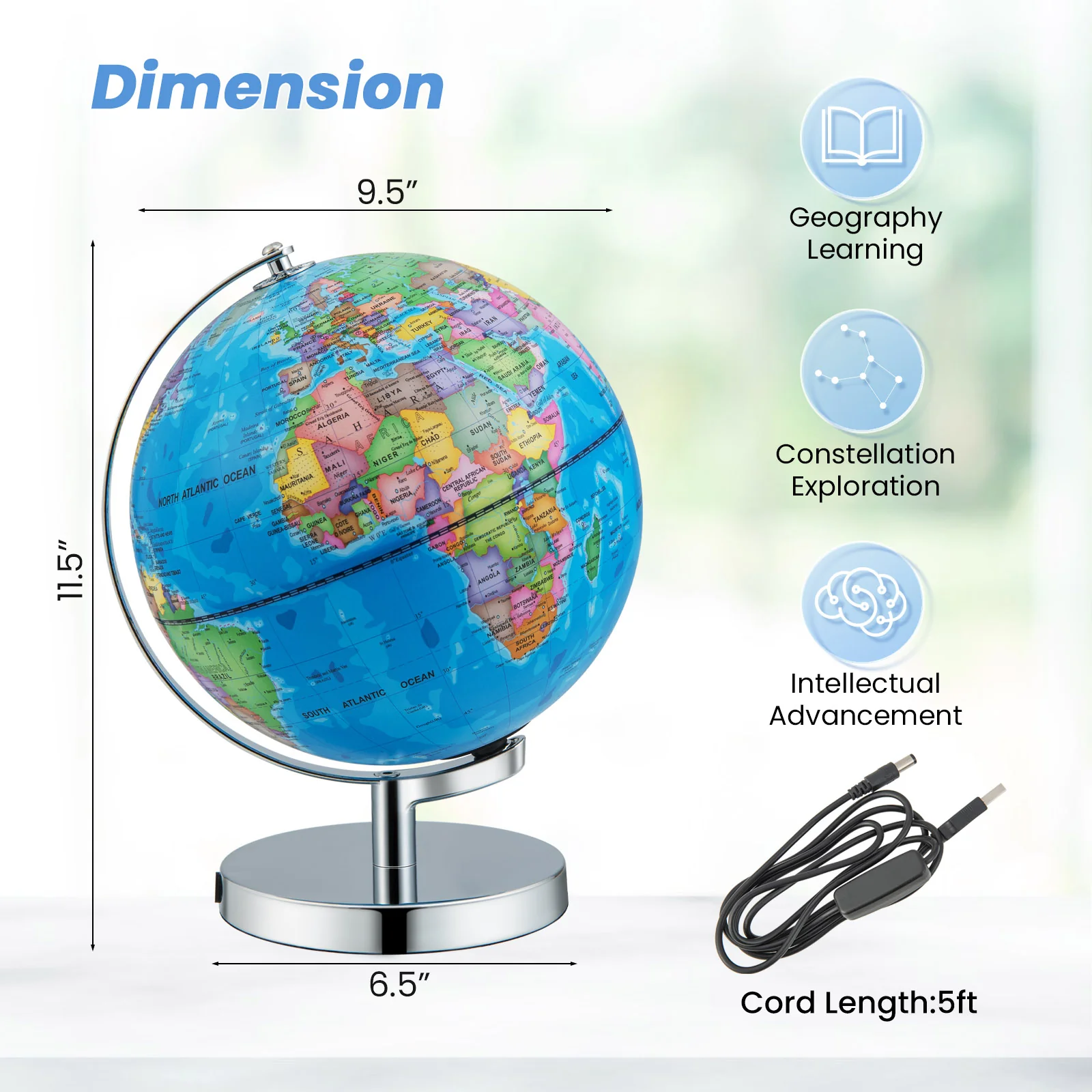 3-in-1 Illuminated World Globe, 88 Constellations, Blue - Image 6