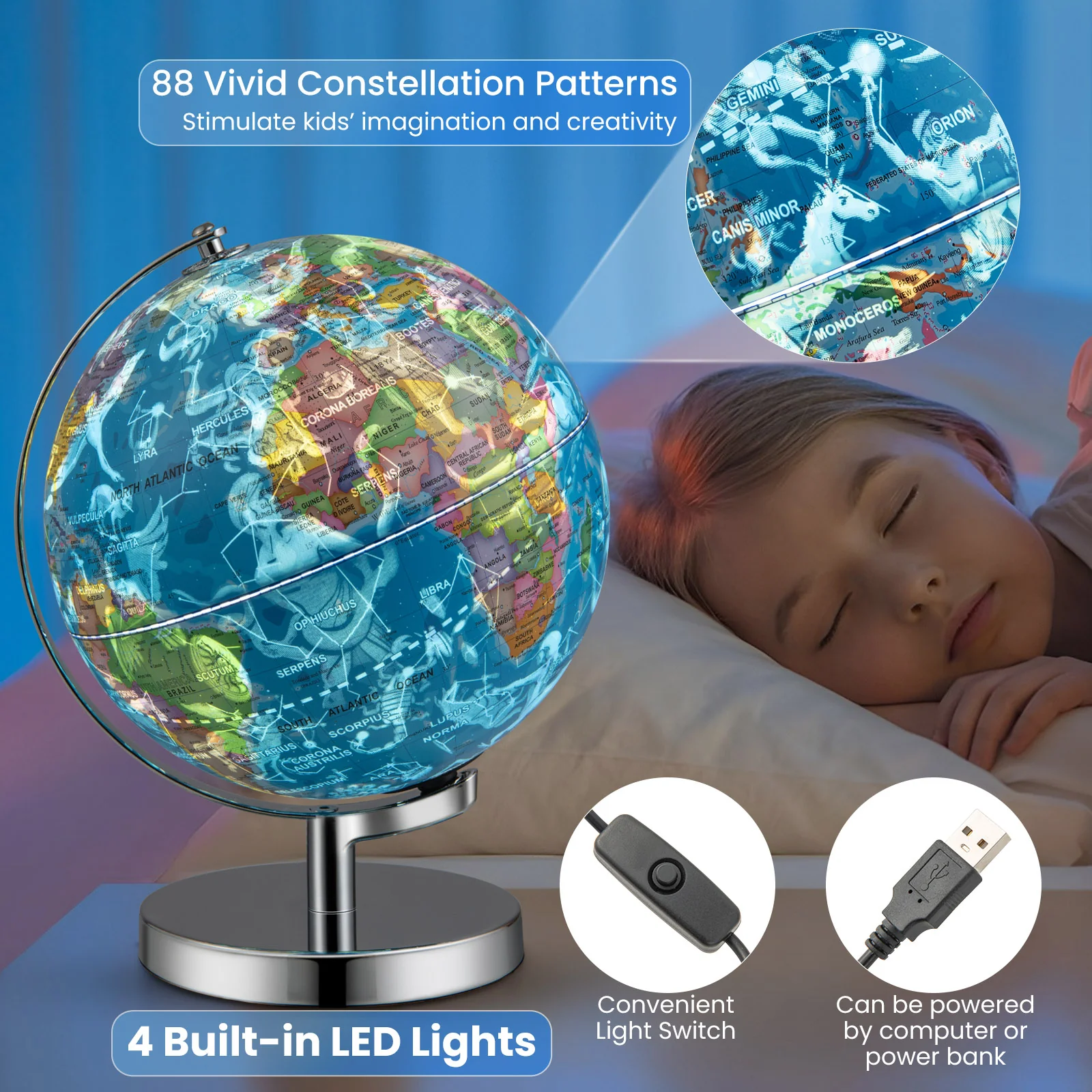 3-in-1 Illuminated World Globe, 88 Constellations, Blue - Image 9