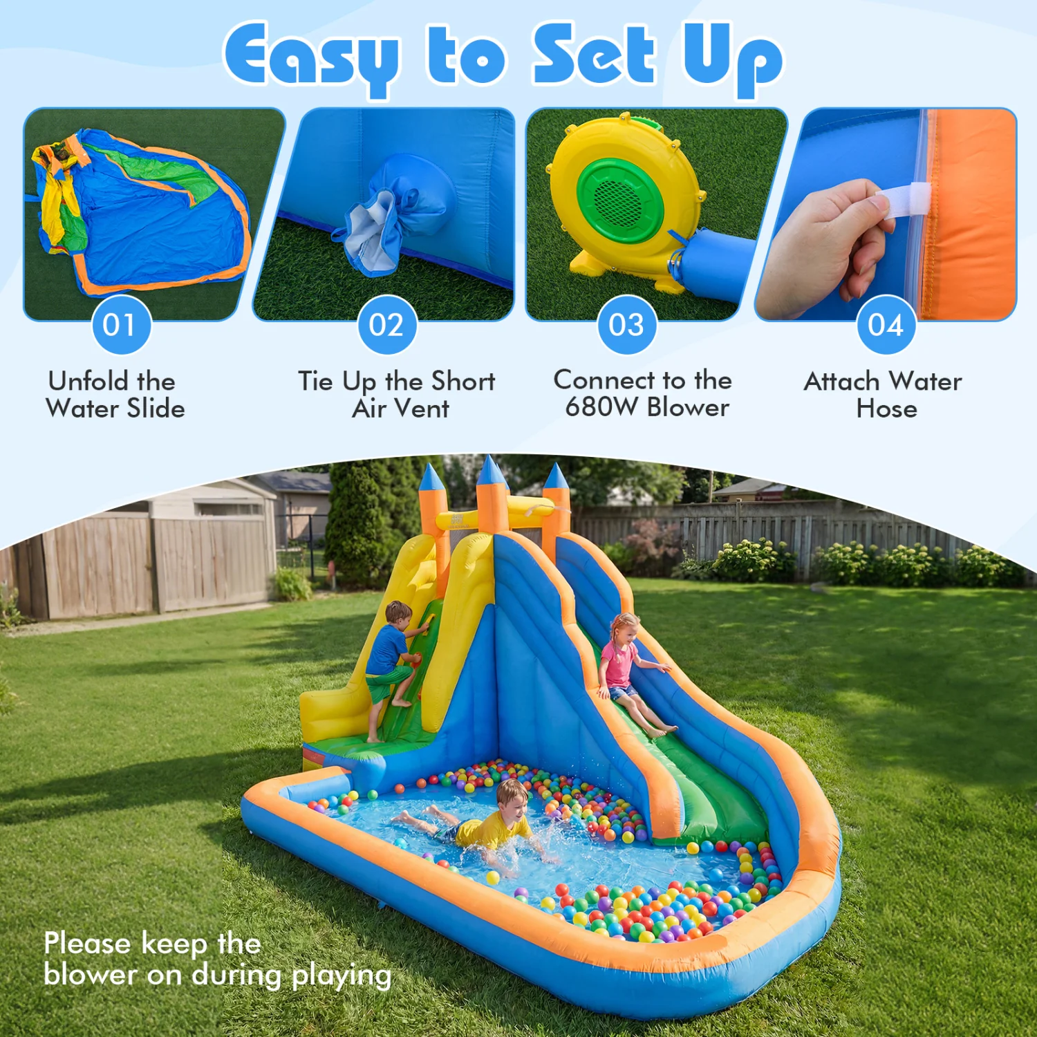 3-in-1 Inflatable Water Slide with Curved Slide and 680W Blower - Image 9