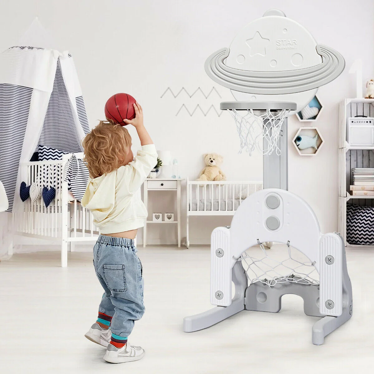 3 in 1 Kids Basketball Hoop Set with Balls, White - Image 2