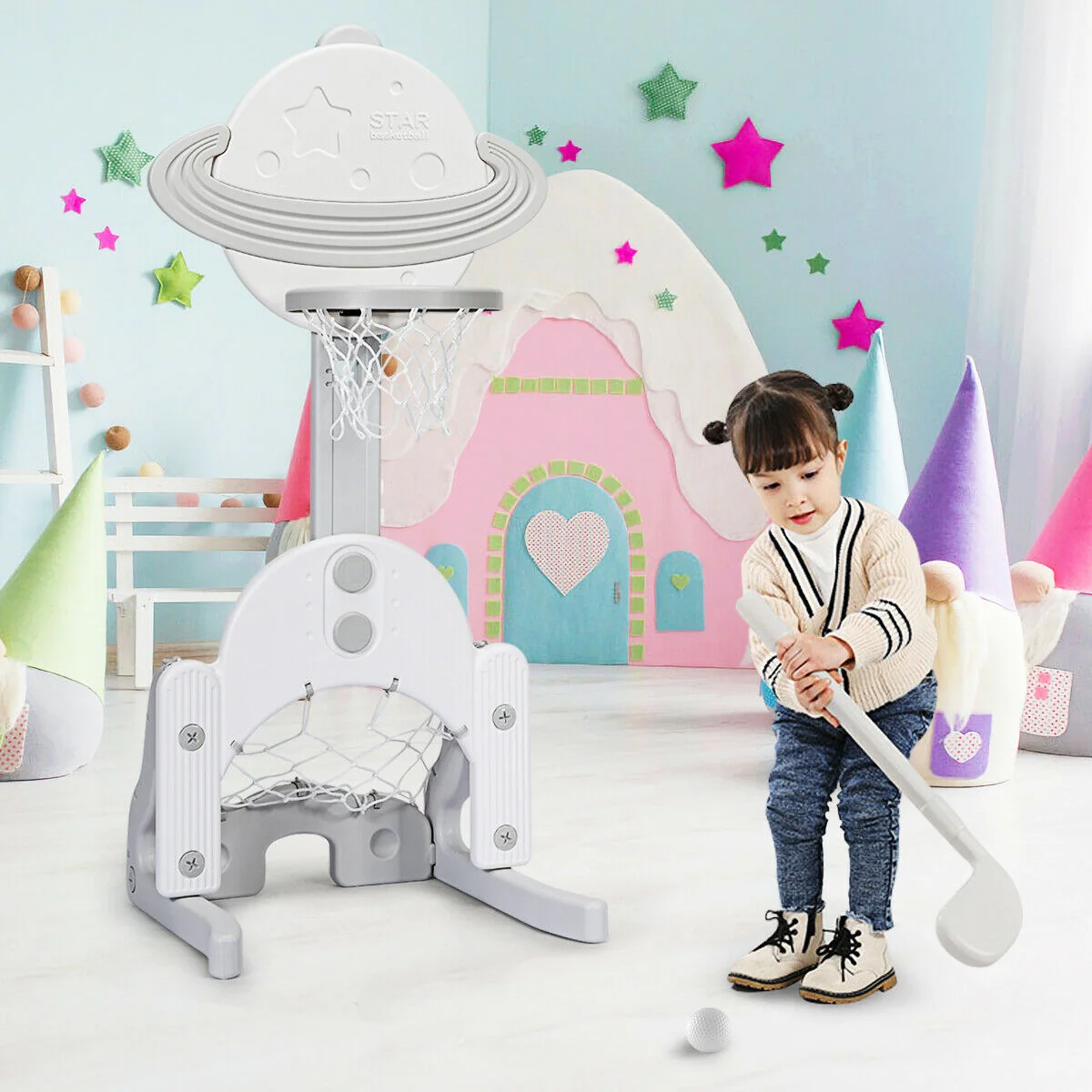 3 in 1 Kids Basketball Hoop Set with Balls, White - Image 7