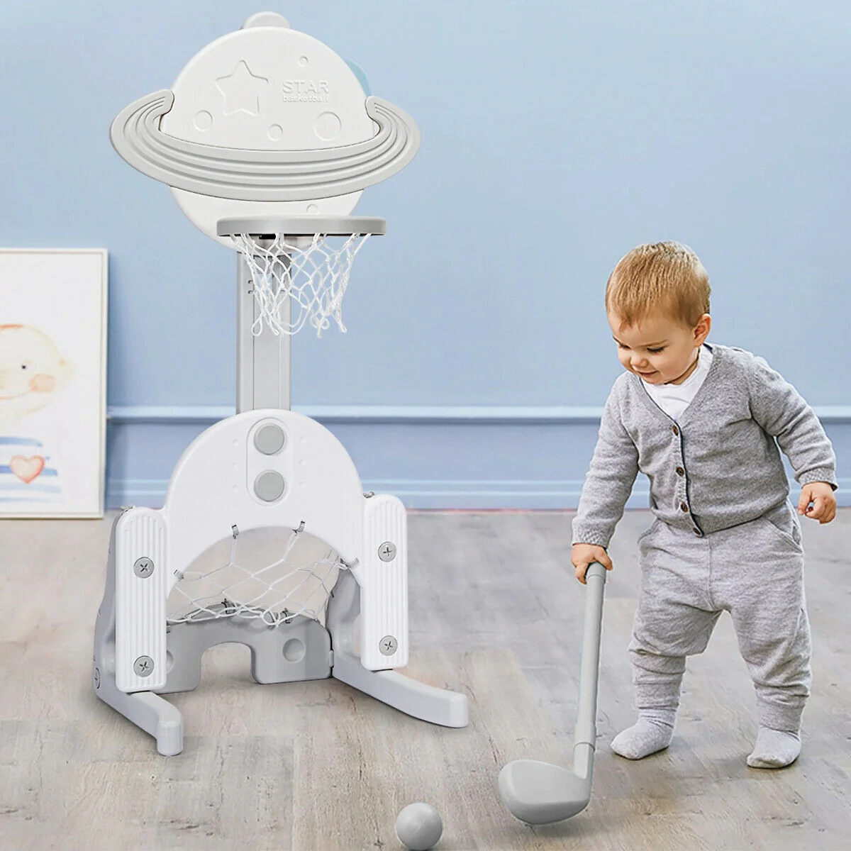 3 in 1 Kids Basketball Hoop Set with Balls, White - Image 9