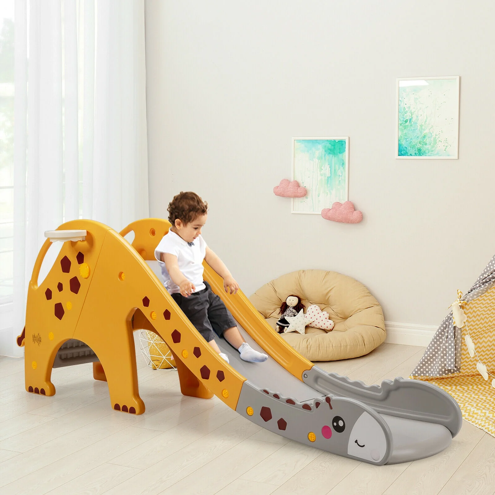 3-in-1 Kids Climber Slide Play Set, Basketball Hoop, Yellow - Image 3