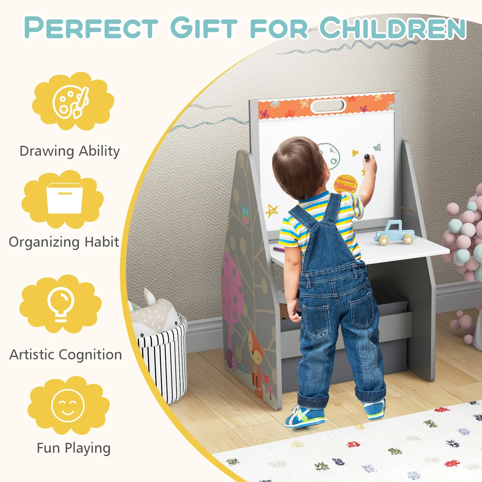 3 In 1 Kids Easel Play Station With Chair, Storage Bins, Gray - Image 10