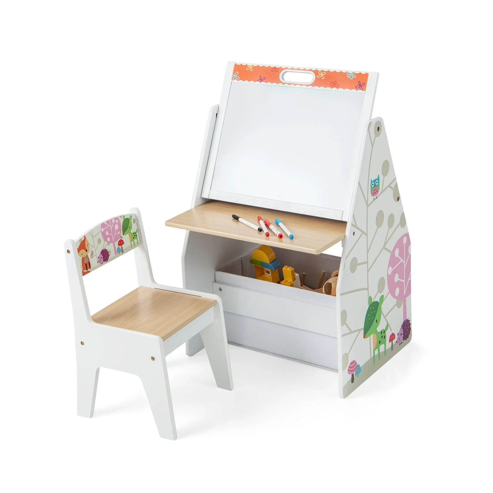 3 In 1 Kids Easel Play Station With Chair, Storage Bins, White