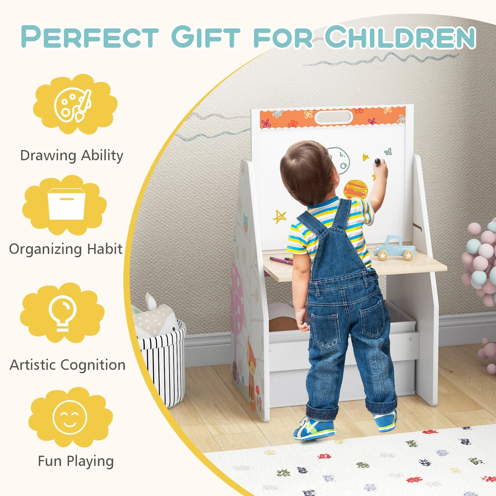 3 In 1 Kids Easel Play Station With Chair, Storage Bins, White - Image 10