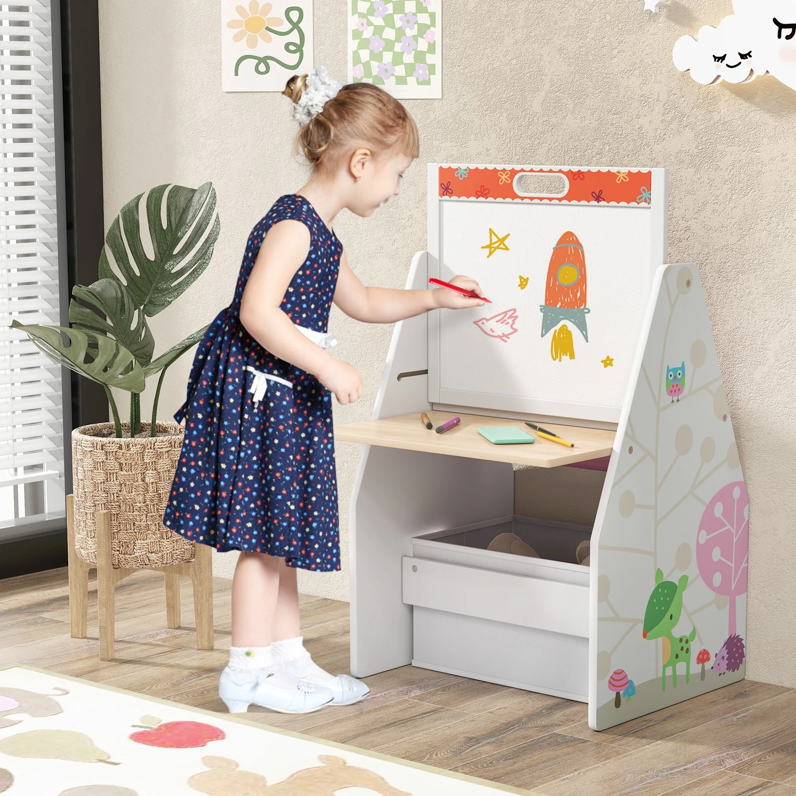 3 In 1 Kids Easel Play Station With Chair, Storage Bins, White - Image 3