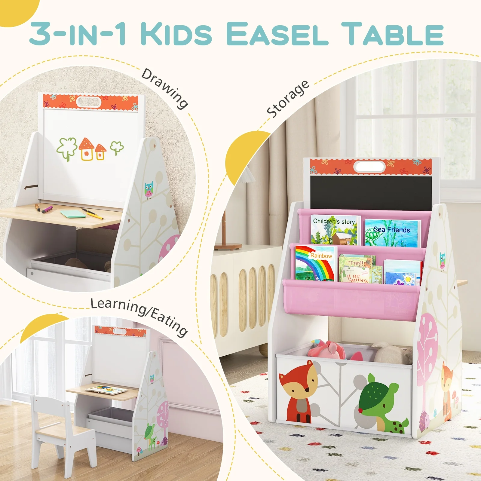 3 In 1 Kids Easel Play Station With Chair, Storage Bins, White - Image 7