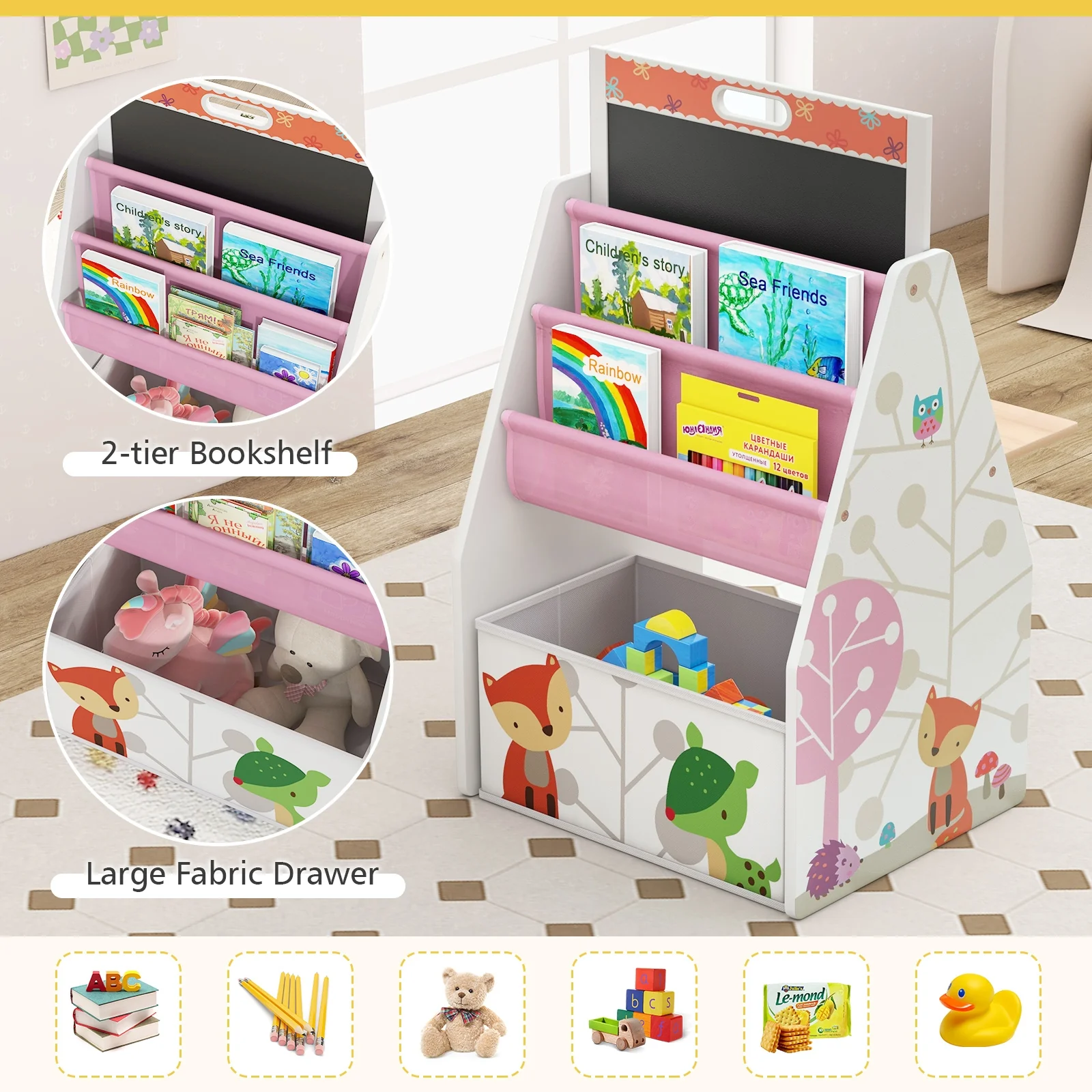 3 In 1 Kids Easel Play Station With Chair, Storage Bins, White - Image 9