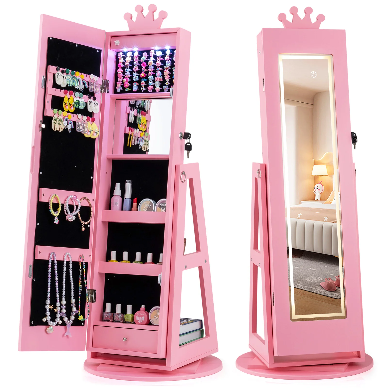 3 In 1 Kids Jewelry Cabinet, With Lighted Full Length Mirror, Pink