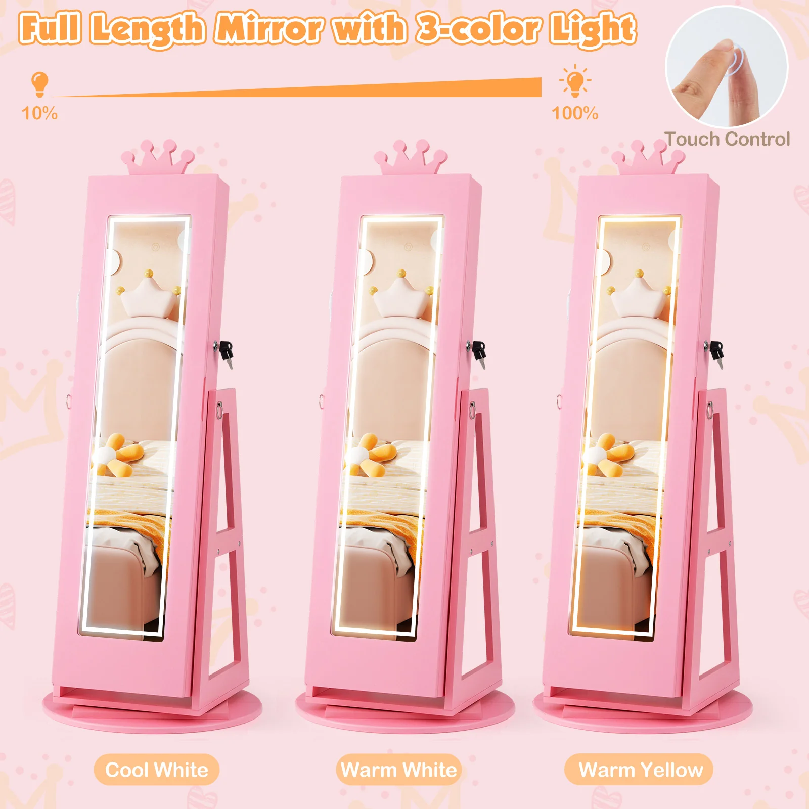 3 In 1 Kids Jewelry Cabinet, With Lighted Full Length Mirror, Pink - Image 10