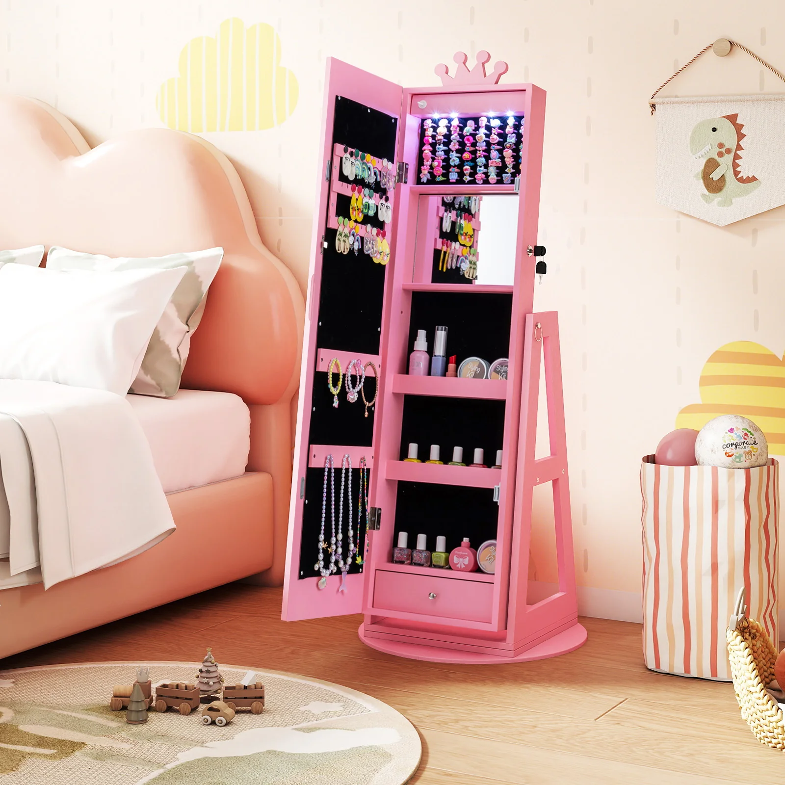 3 In 1 Kids Jewelry Cabinet, With Lighted Full Length Mirror, Pink - Image 2
