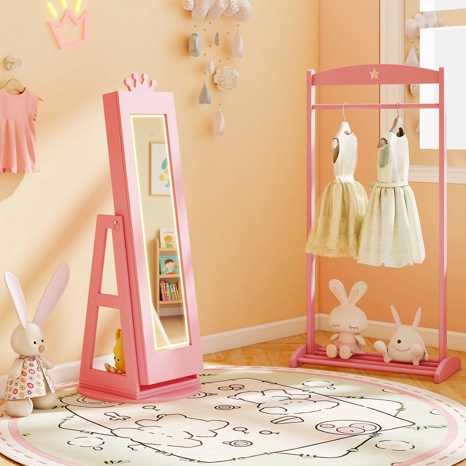 3 In 1 Kids Jewelry Cabinet, With Lighted Full Length Mirror, Pink - Image 3