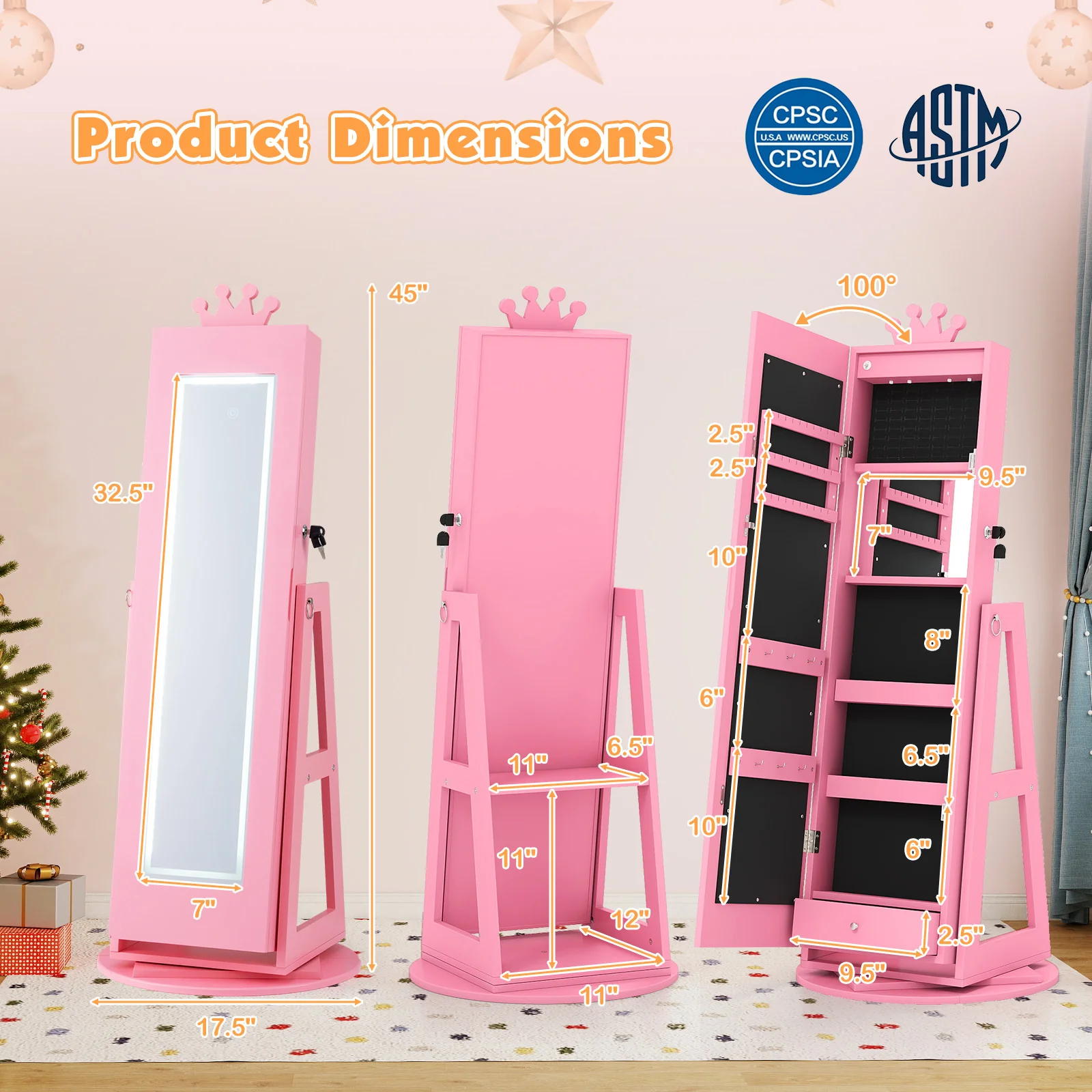 3 In 1 Kids Jewelry Cabinet, With Lighted Full Length Mirror, Pink - Image 5