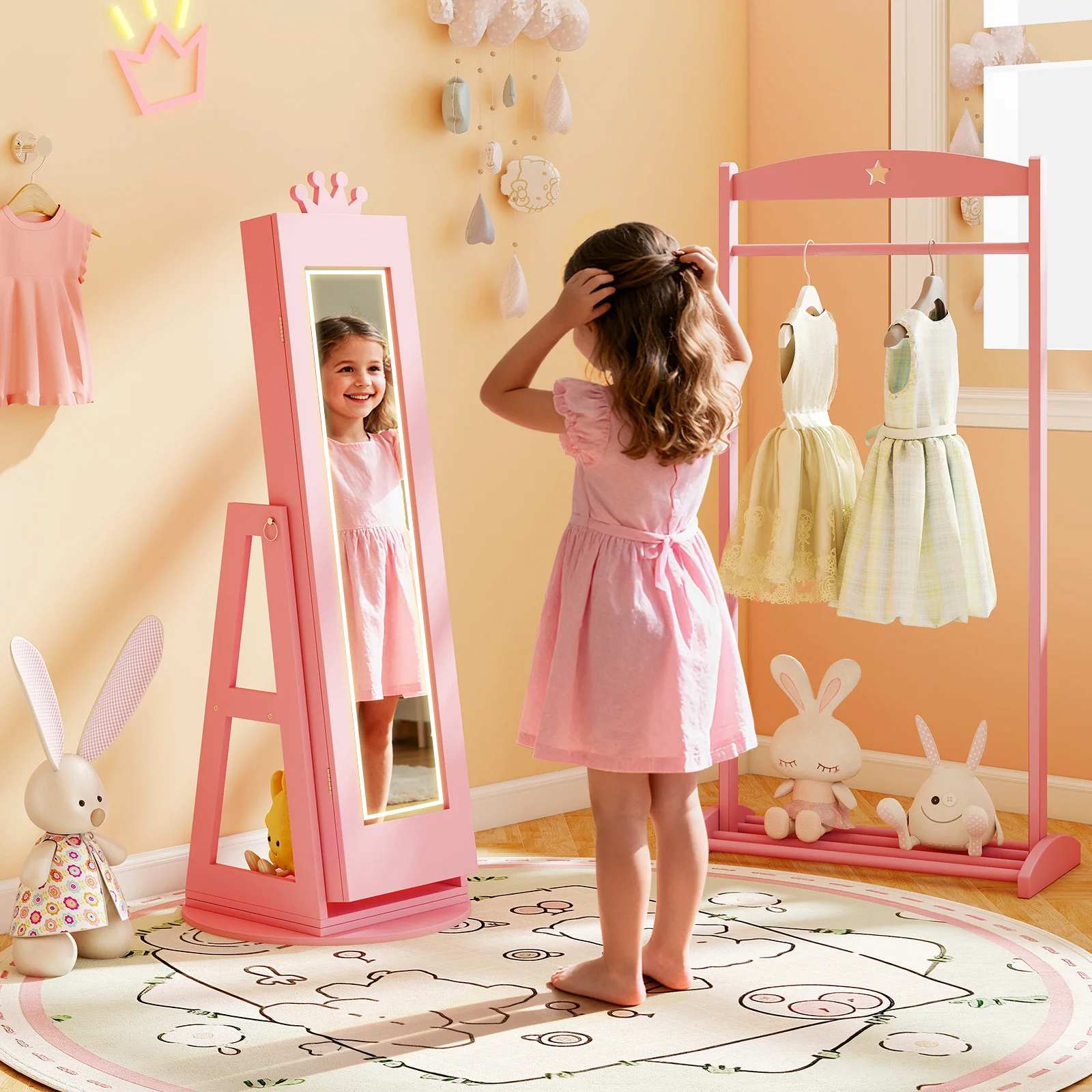 3 In 1 Kids Jewelry Cabinet, With Lighted Full Length Mirror, Pink - Image 6