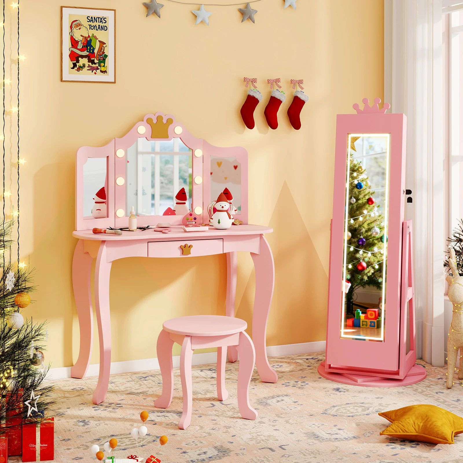 3 In 1 Kids Jewelry Cabinet, With Lighted Full Length Mirror, Pink - Image 7
