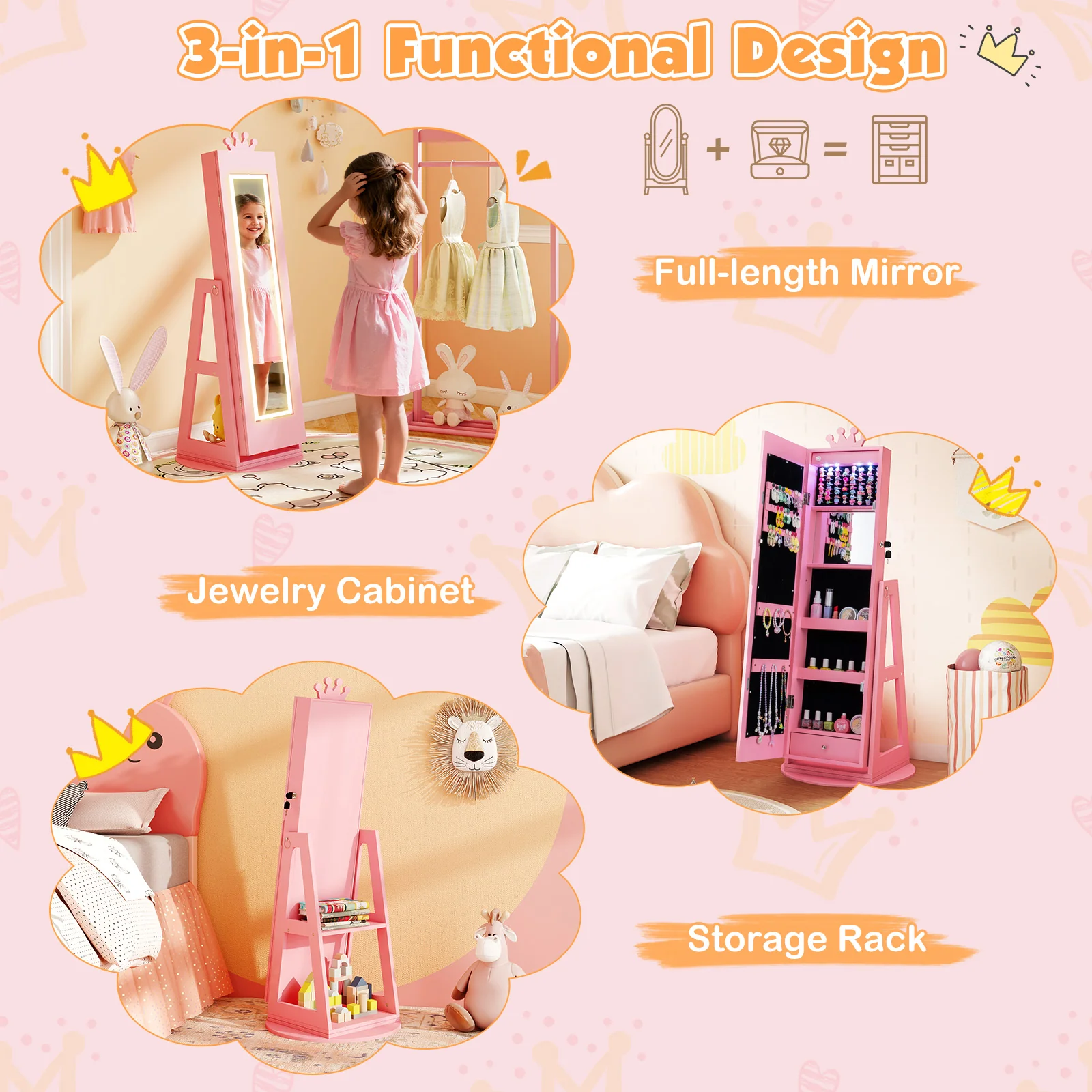 3 In 1 Kids Jewelry Cabinet, With Lighted Full Length Mirror, Pink - Image 8